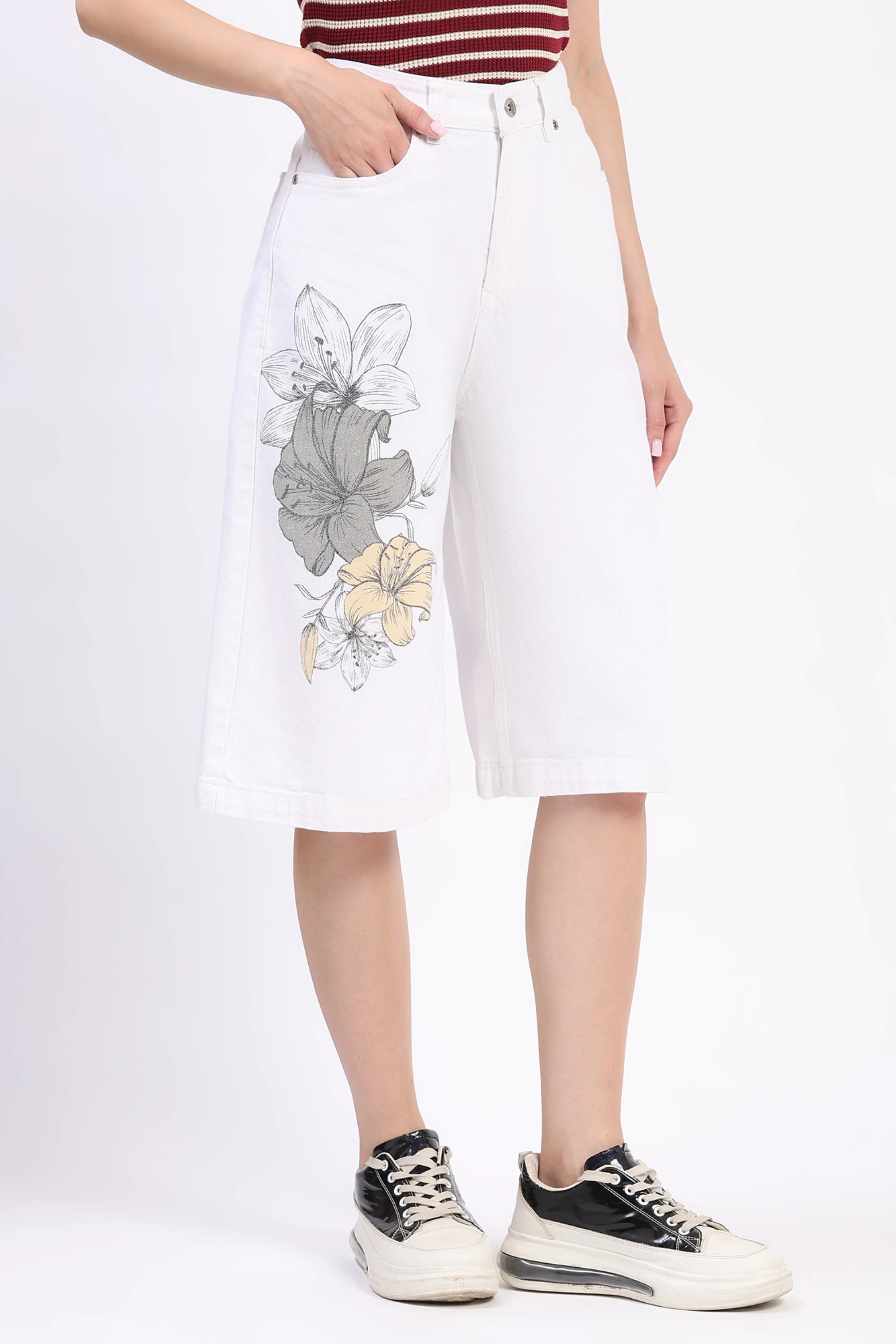 White Floral Print Cotton Culottes