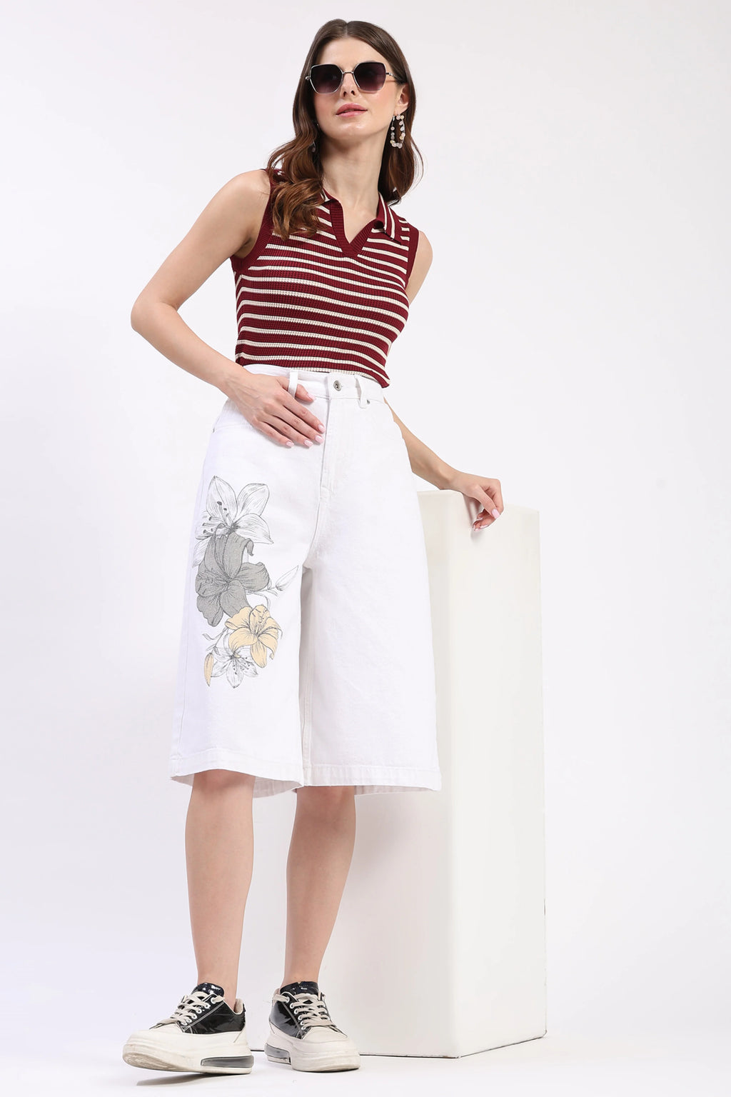 White Floral Print Cotton Culottes