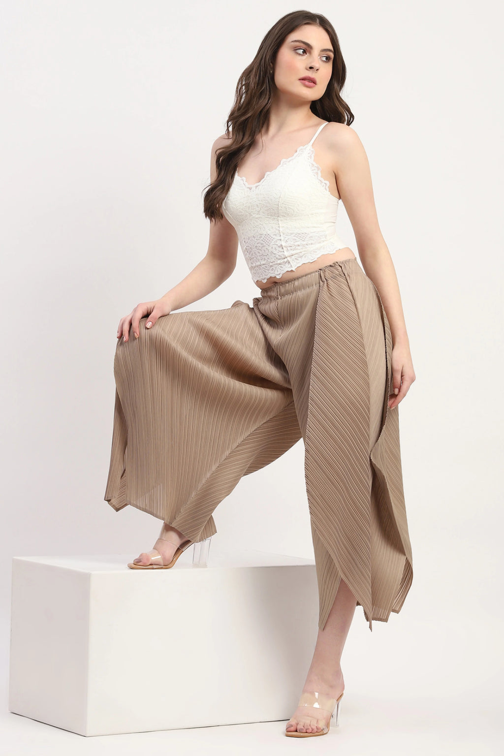 Beige Polyester Solid Lower