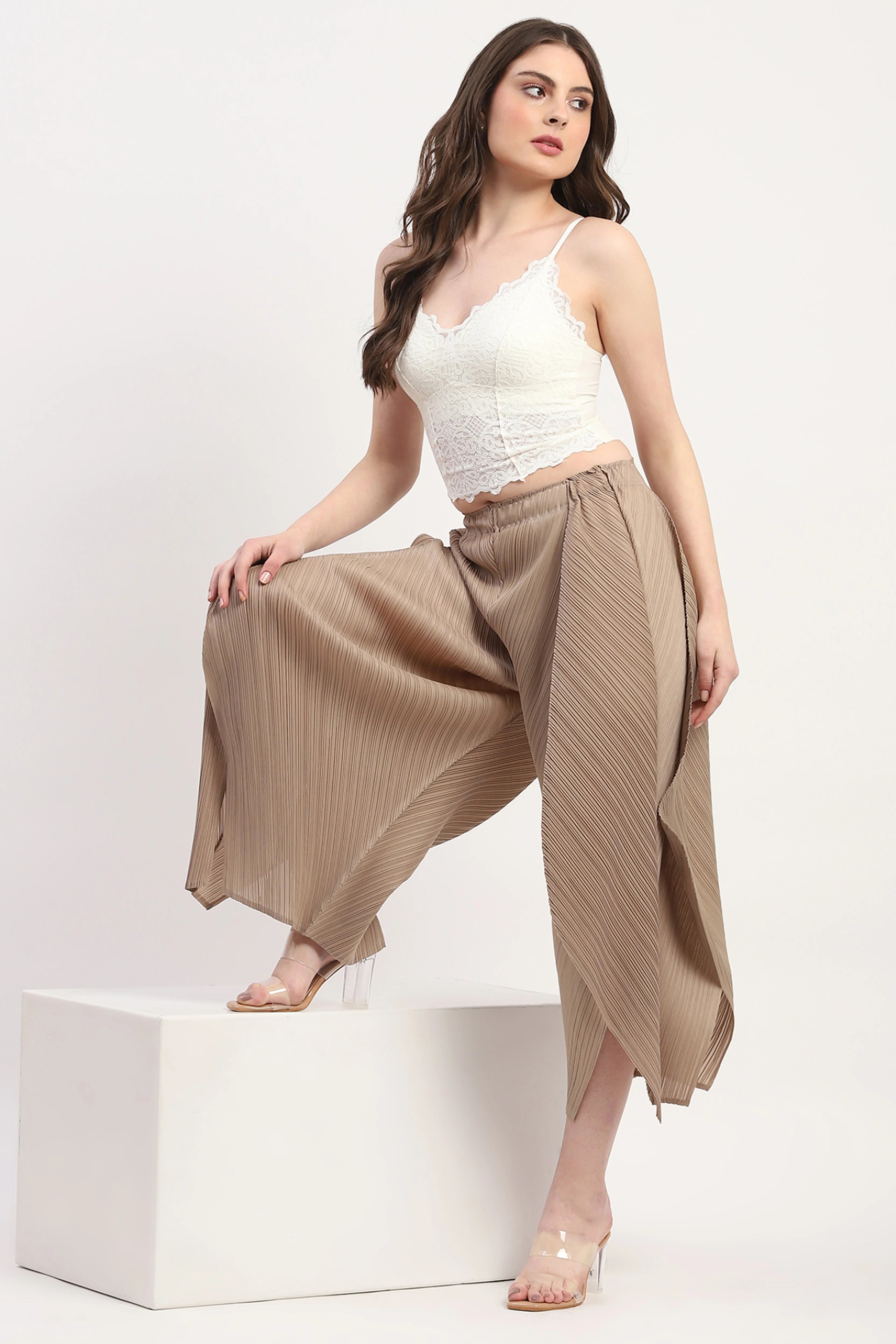Beige Polyester Solid Lower