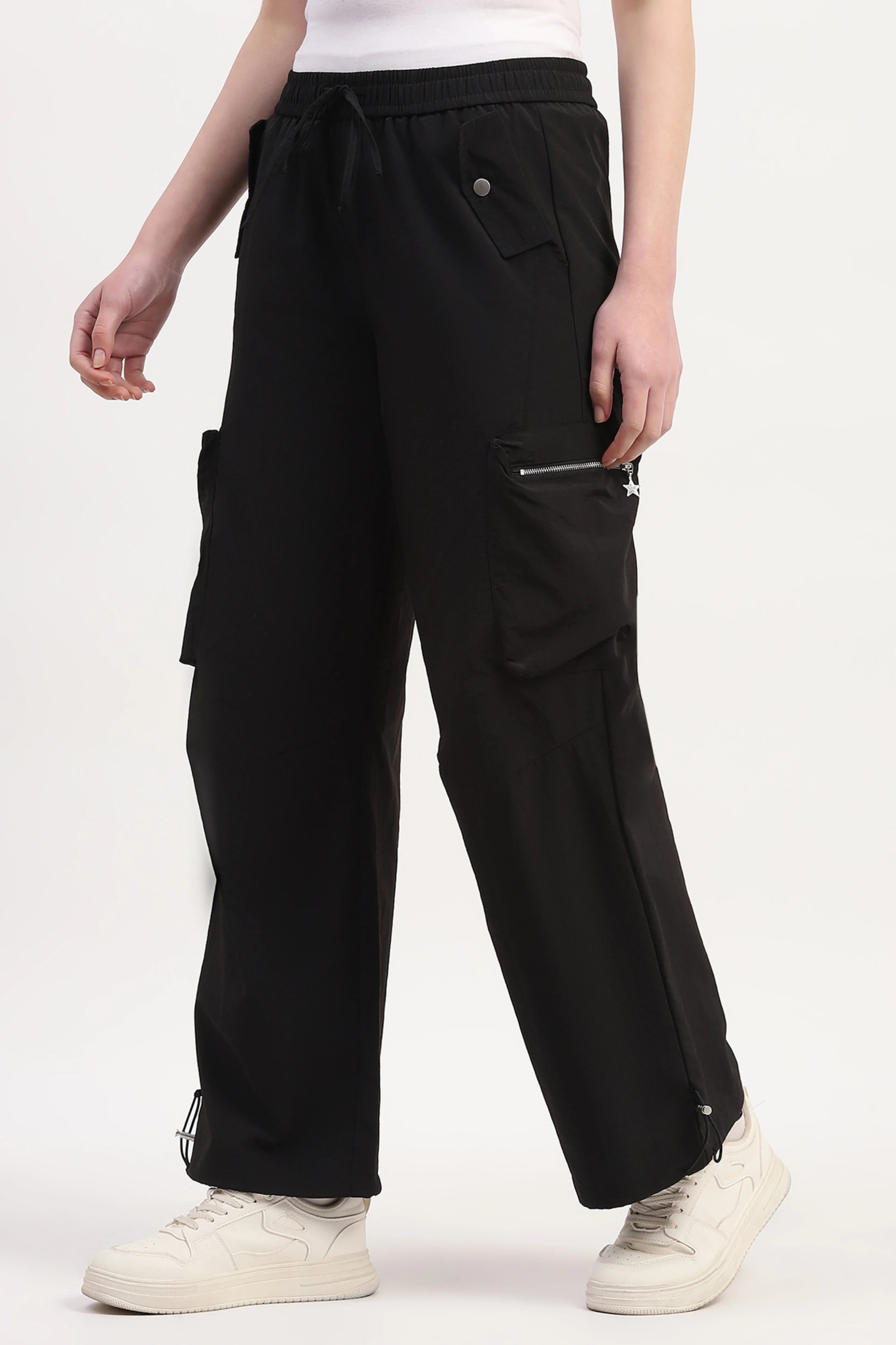 Black Polyester Solid Trouser