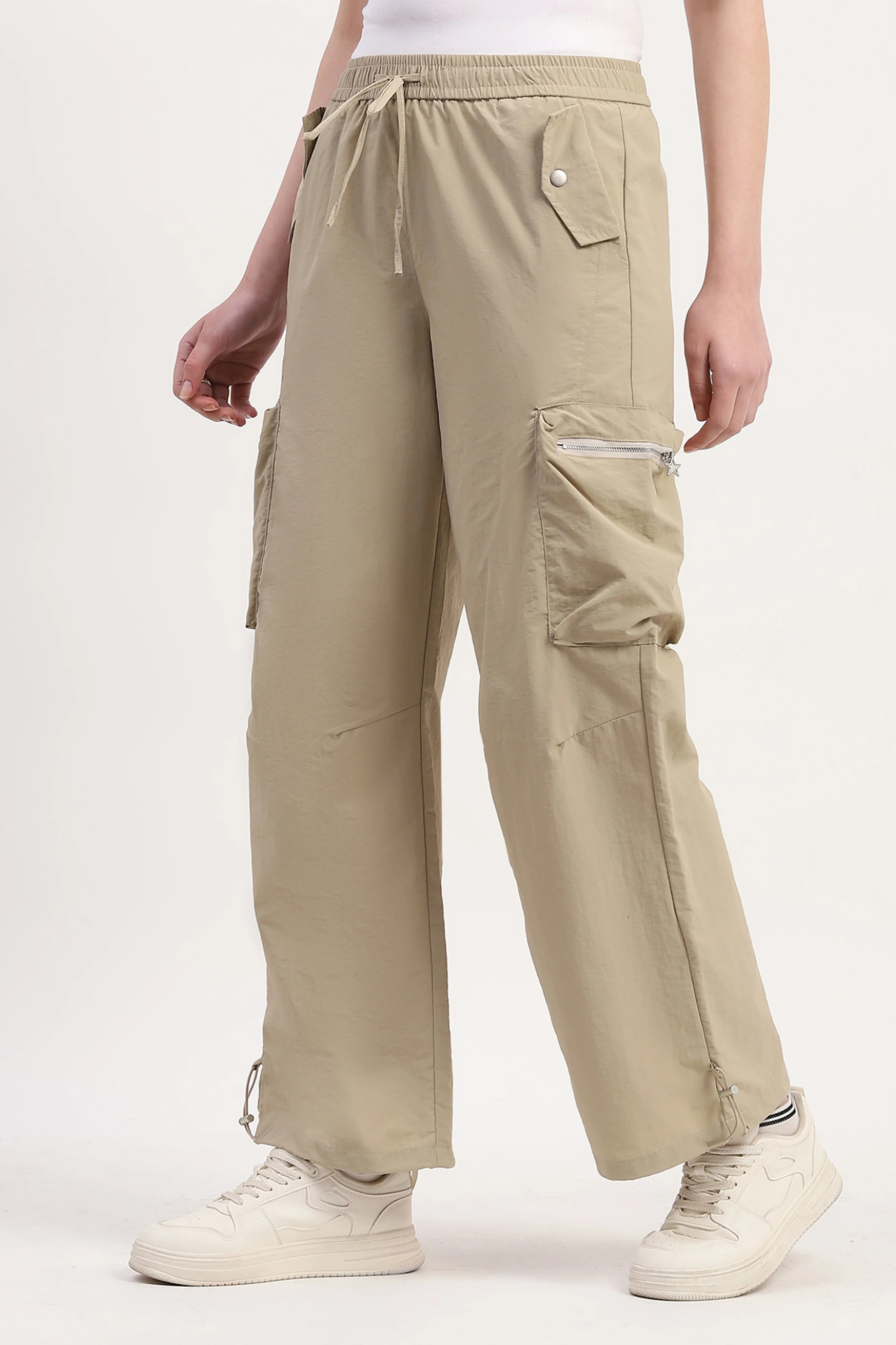 Beige Polyester Solid Trouser