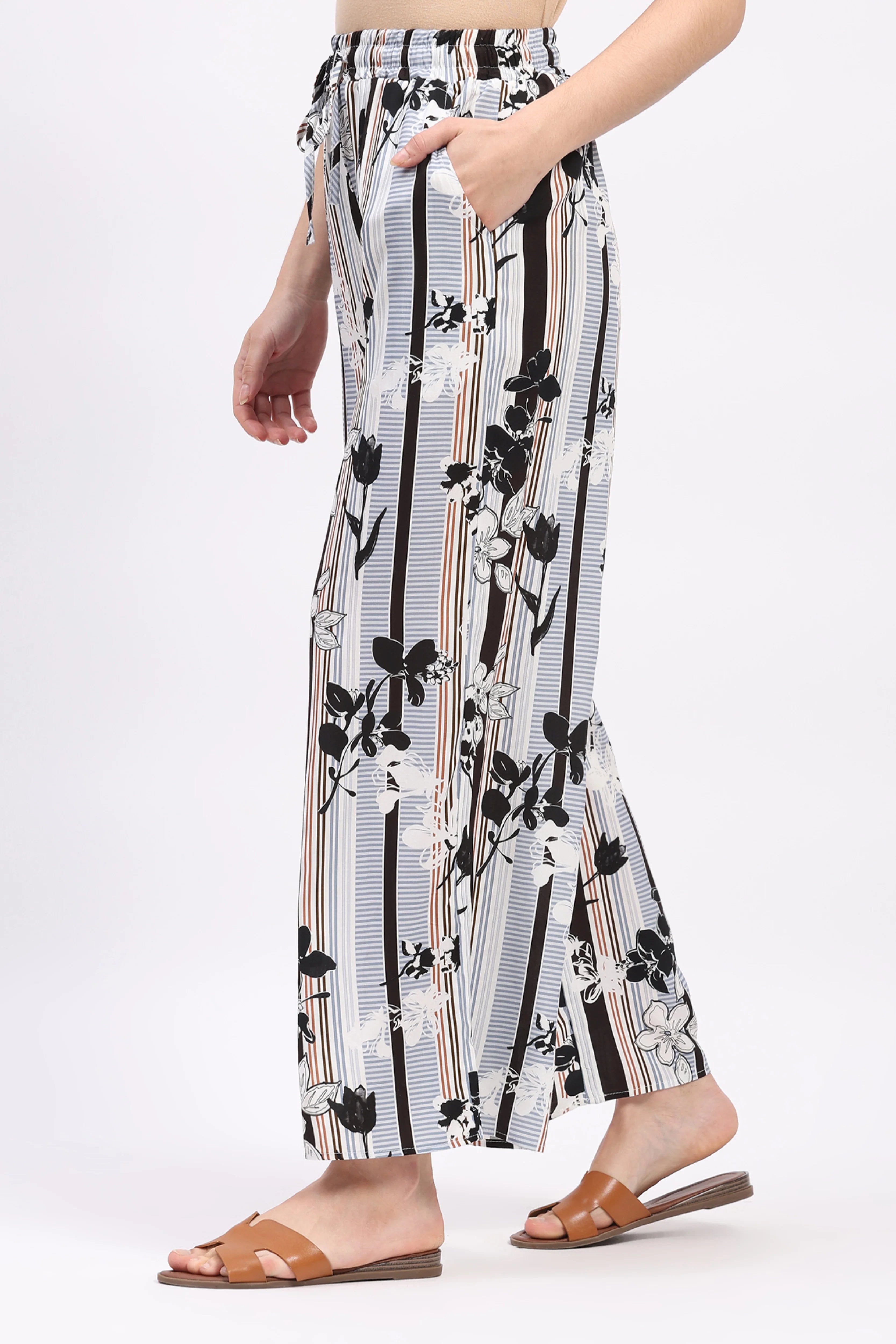 Multicolor Floral Striped Rayon Lower