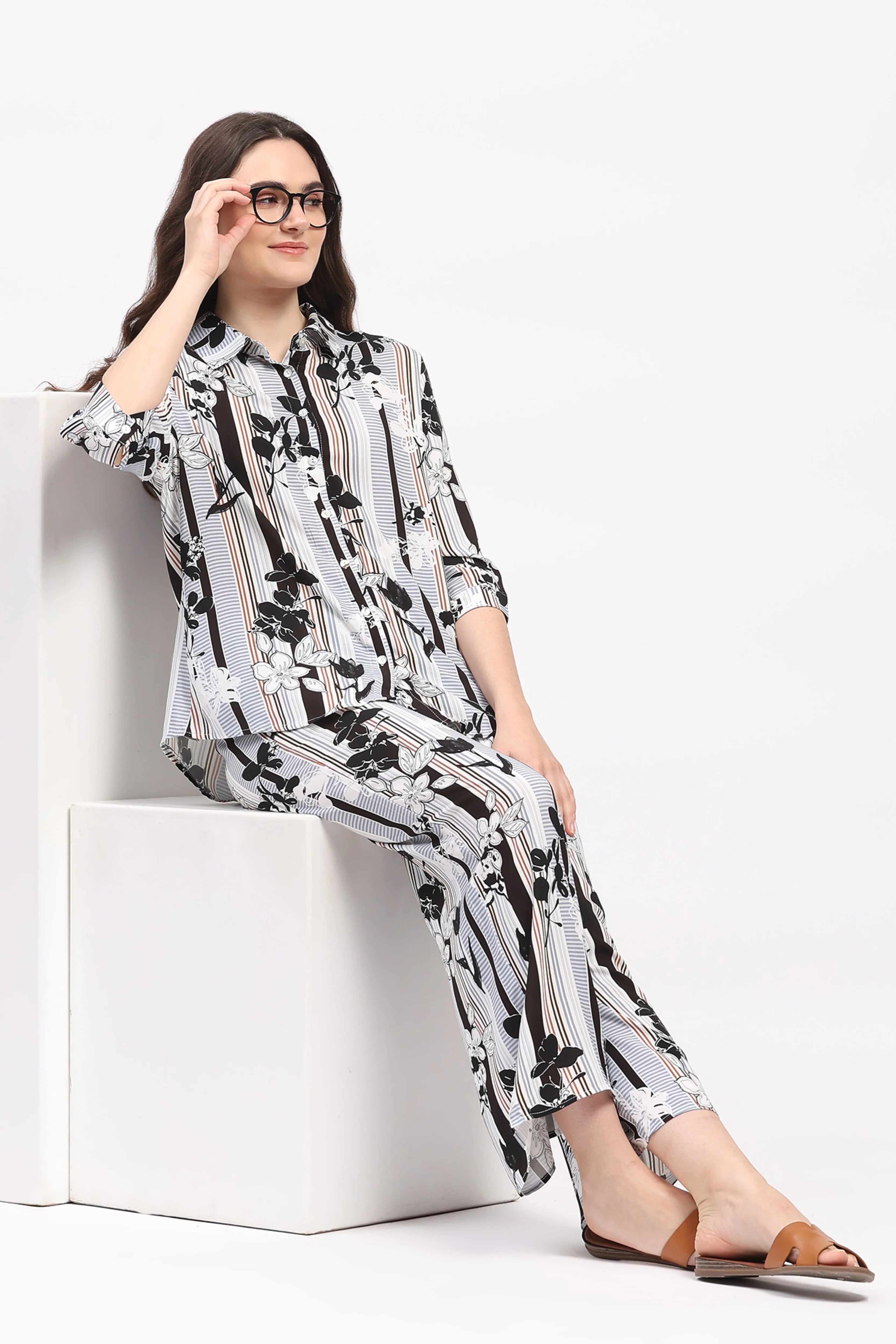 Multicolor Floral Striped Rayon Lower