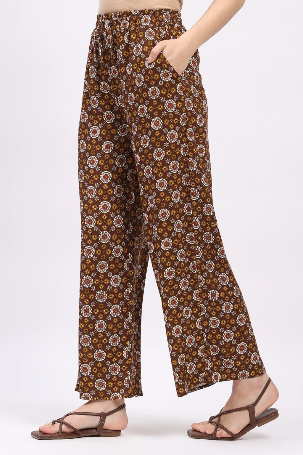 Brown Floral Print Cotton Lower