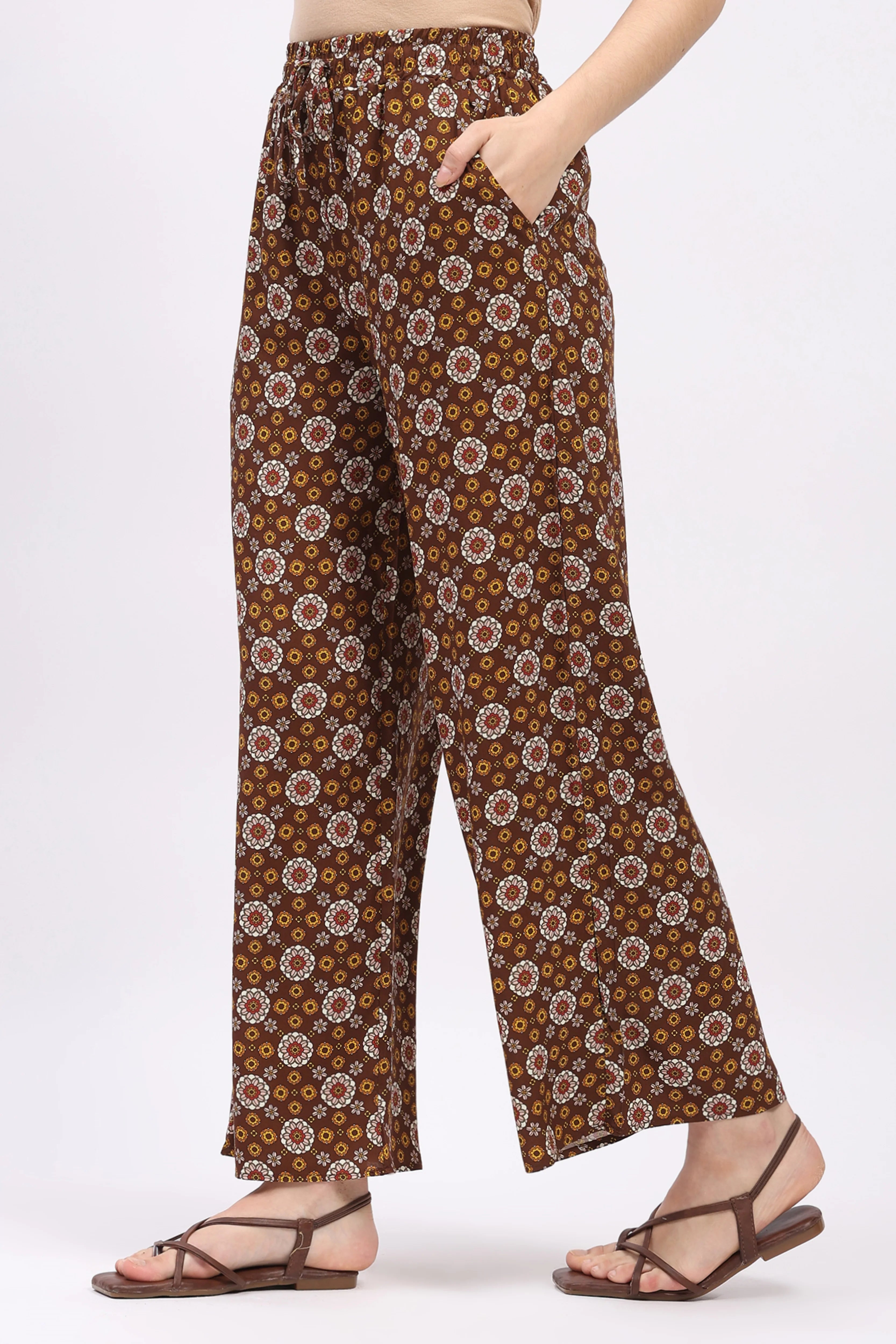 Brown Floral Print Cotton Lower
