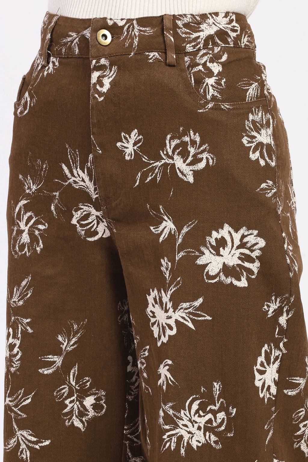 Brown Floral Print Cotton Trousers
