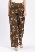 Brown Floral Print Cotton Trousers