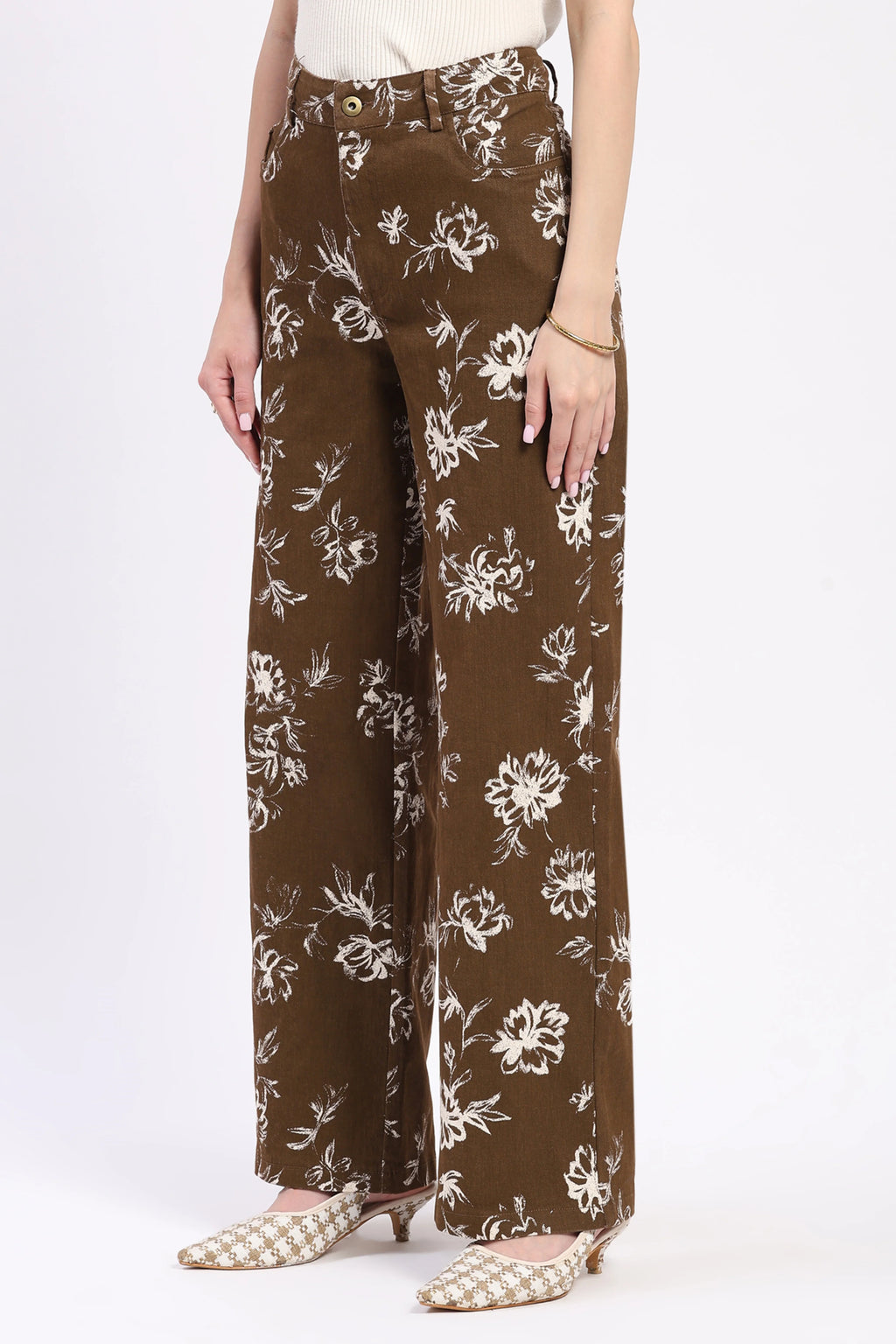 Brown Floral Print Cotton Trousers