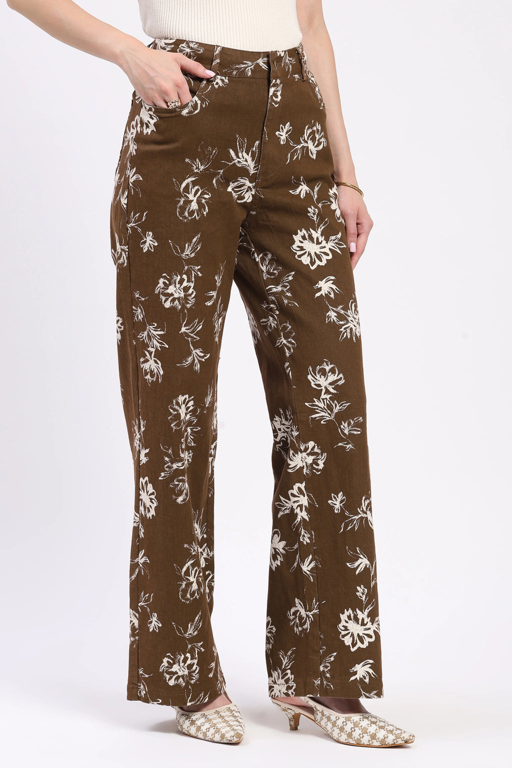 Brown Floral Print Cotton Trousers