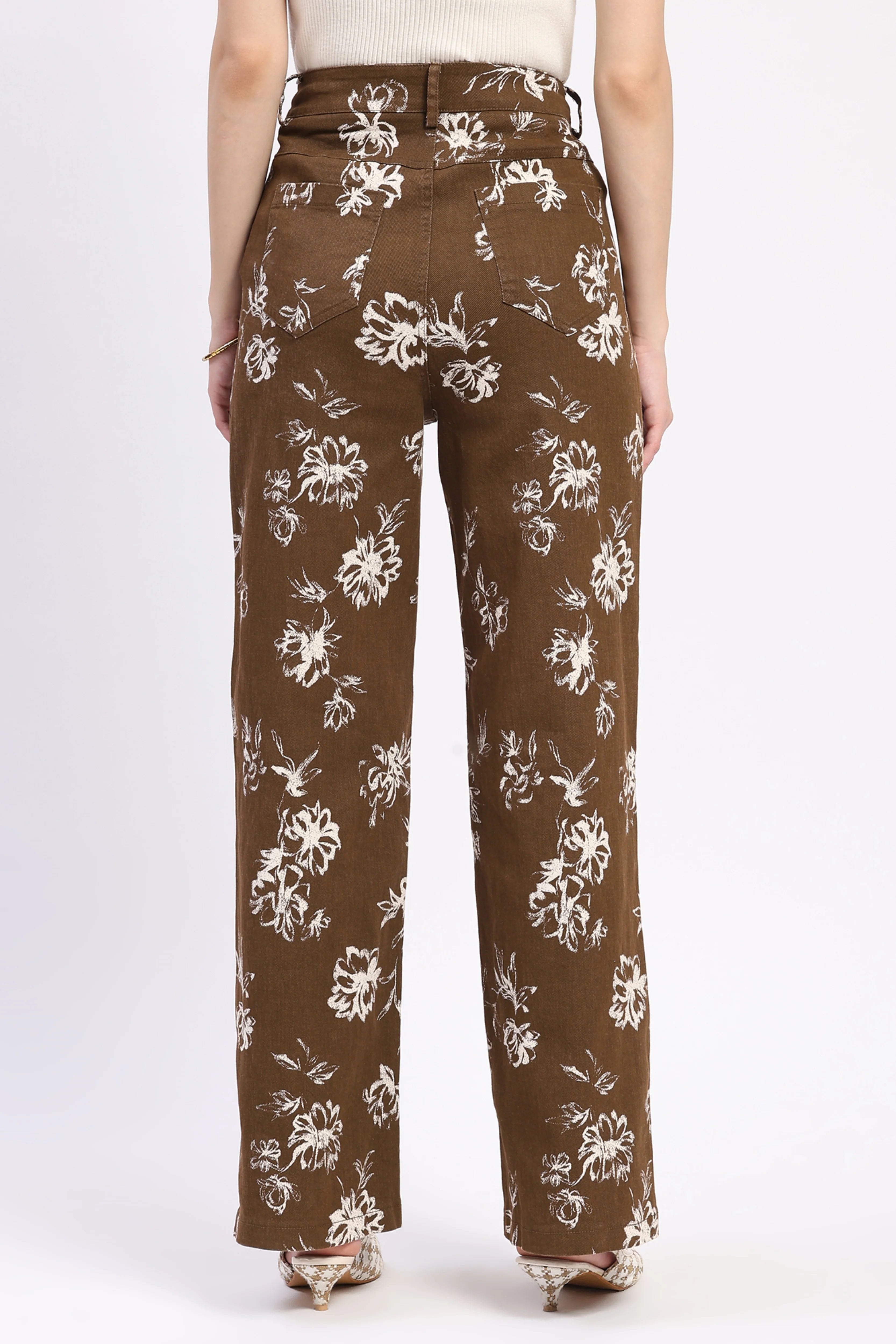 Brown Floral Print Cotton Trousers