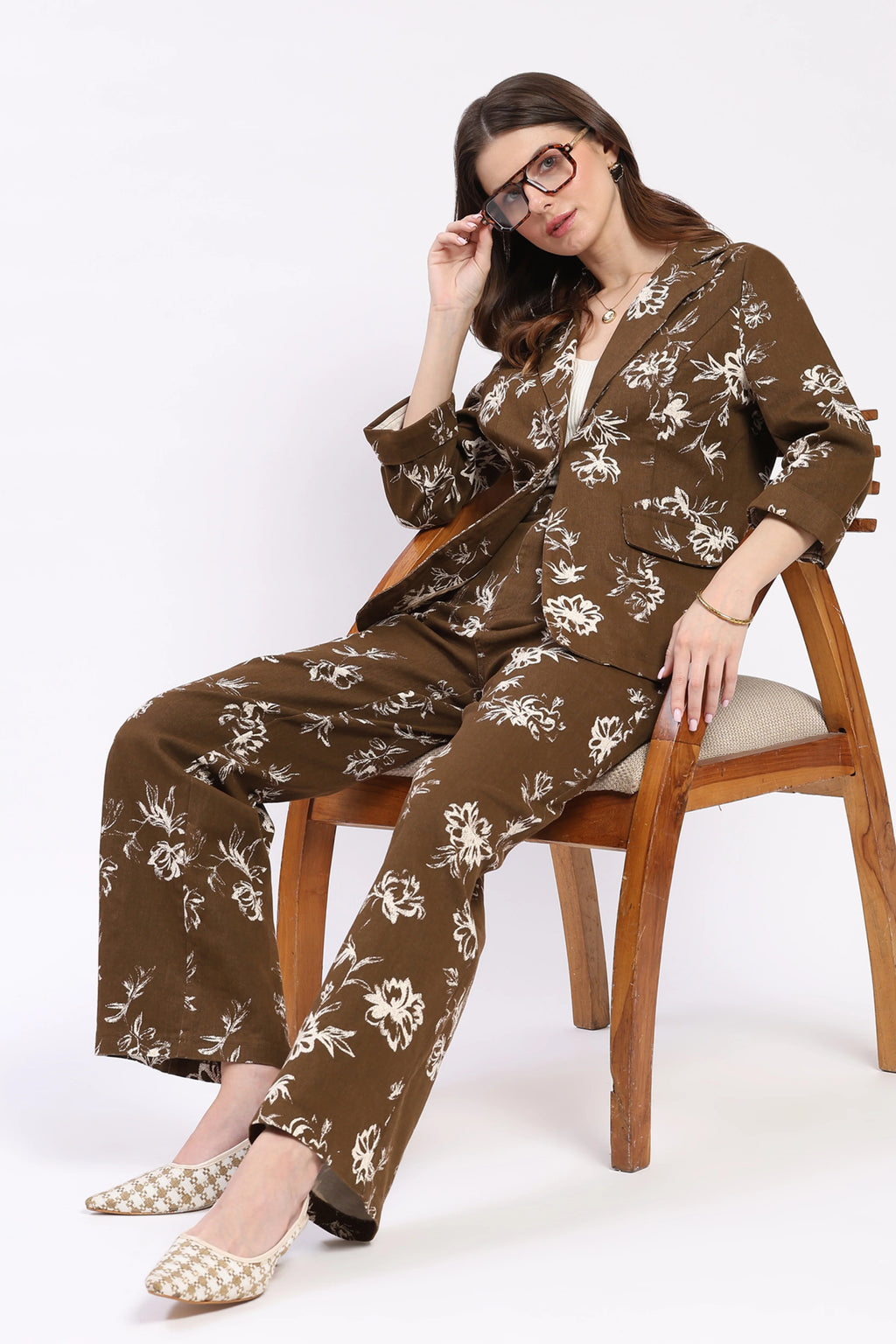 Brown Floral Print Cotton Trousers