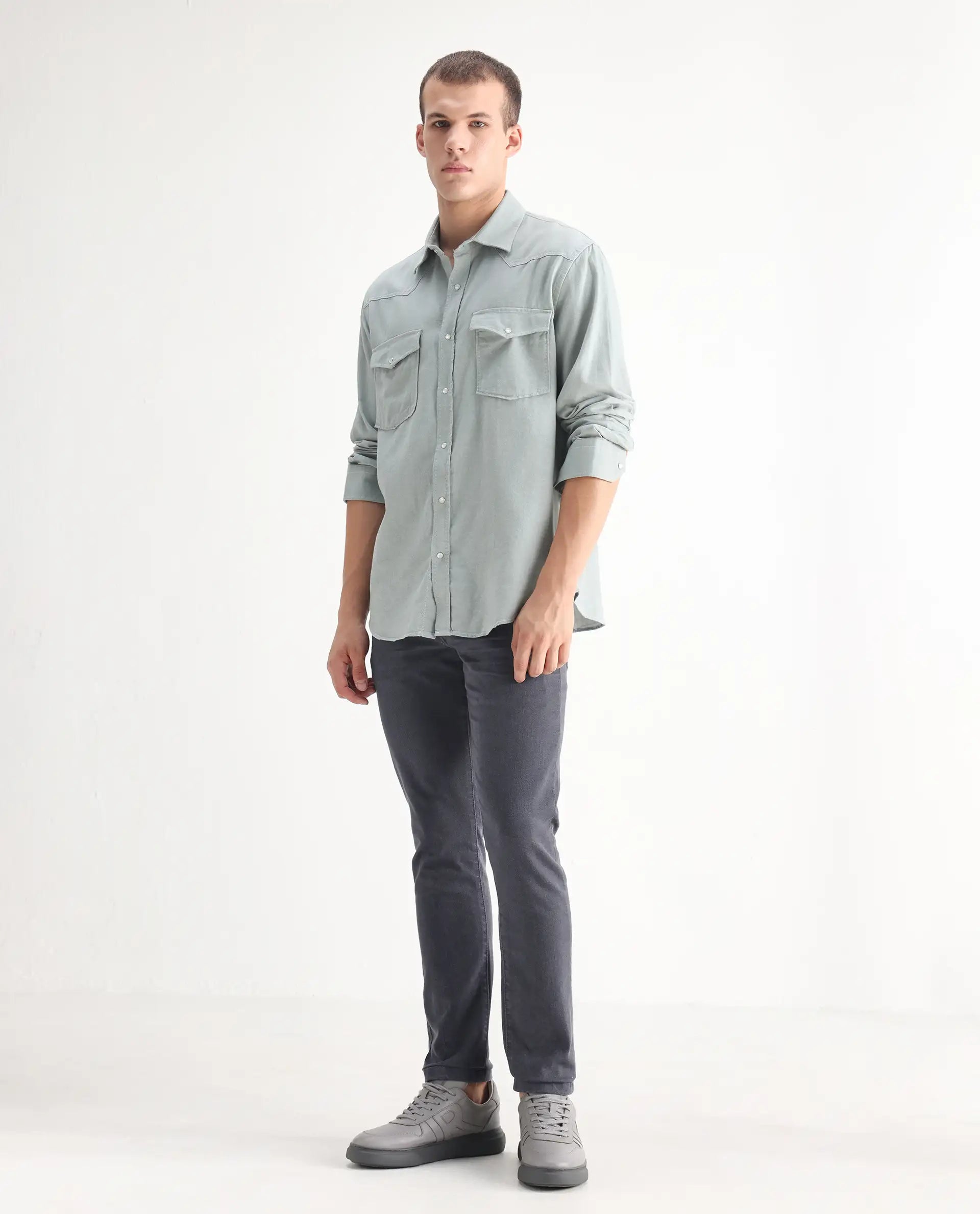 Rare Rabbit Men's Smok Grey Cotton Blend Plain Hawk Slim Fit Jeans