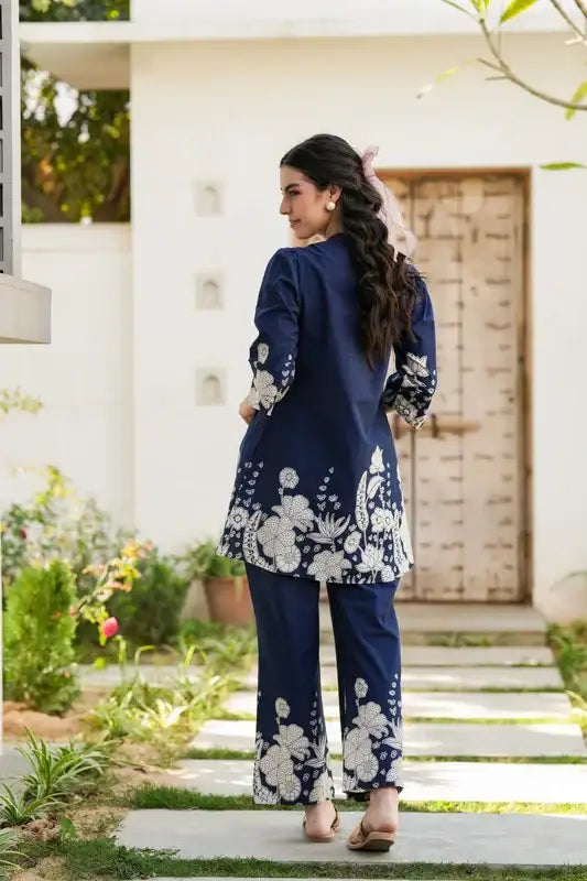 Blue Botanical Floral Printed Cotton Co-ord Set