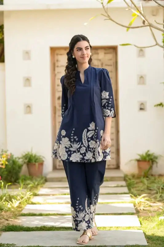 Blue Botanical Floral Printed Cotton Co-ord Set