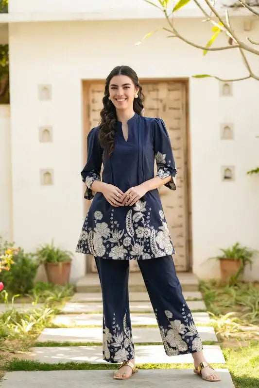 Blue Botanical Floral Printed Cotton Co-ord Set