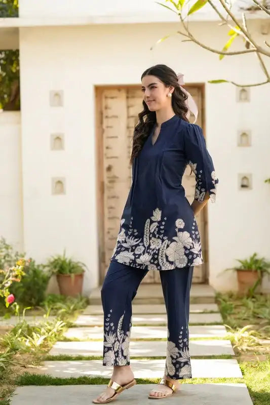 Blue Botanical Floral Printed Cotton Co-ord Set