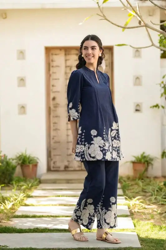 Blue Botanical Floral Printed Cotton Co-ord Set