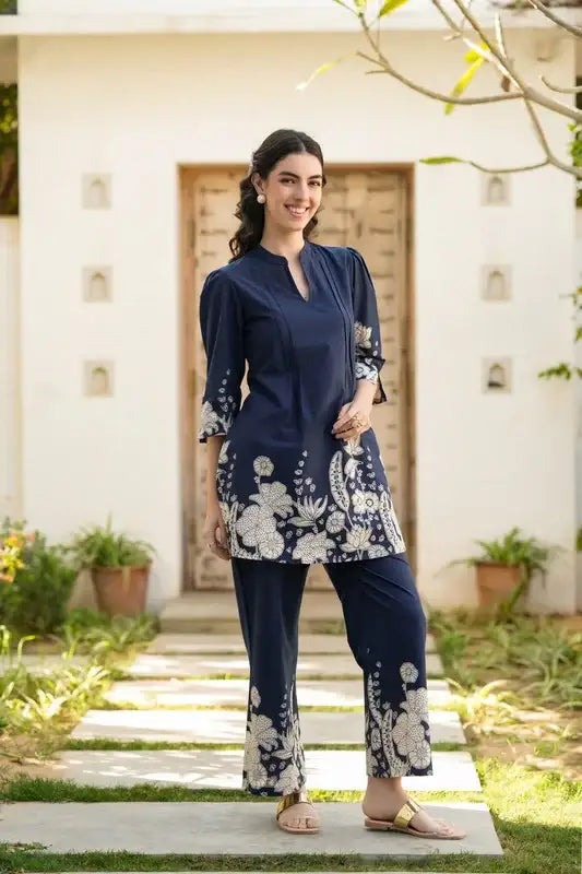 Blue Botanical Floral Printed Cotton Co-ord Set