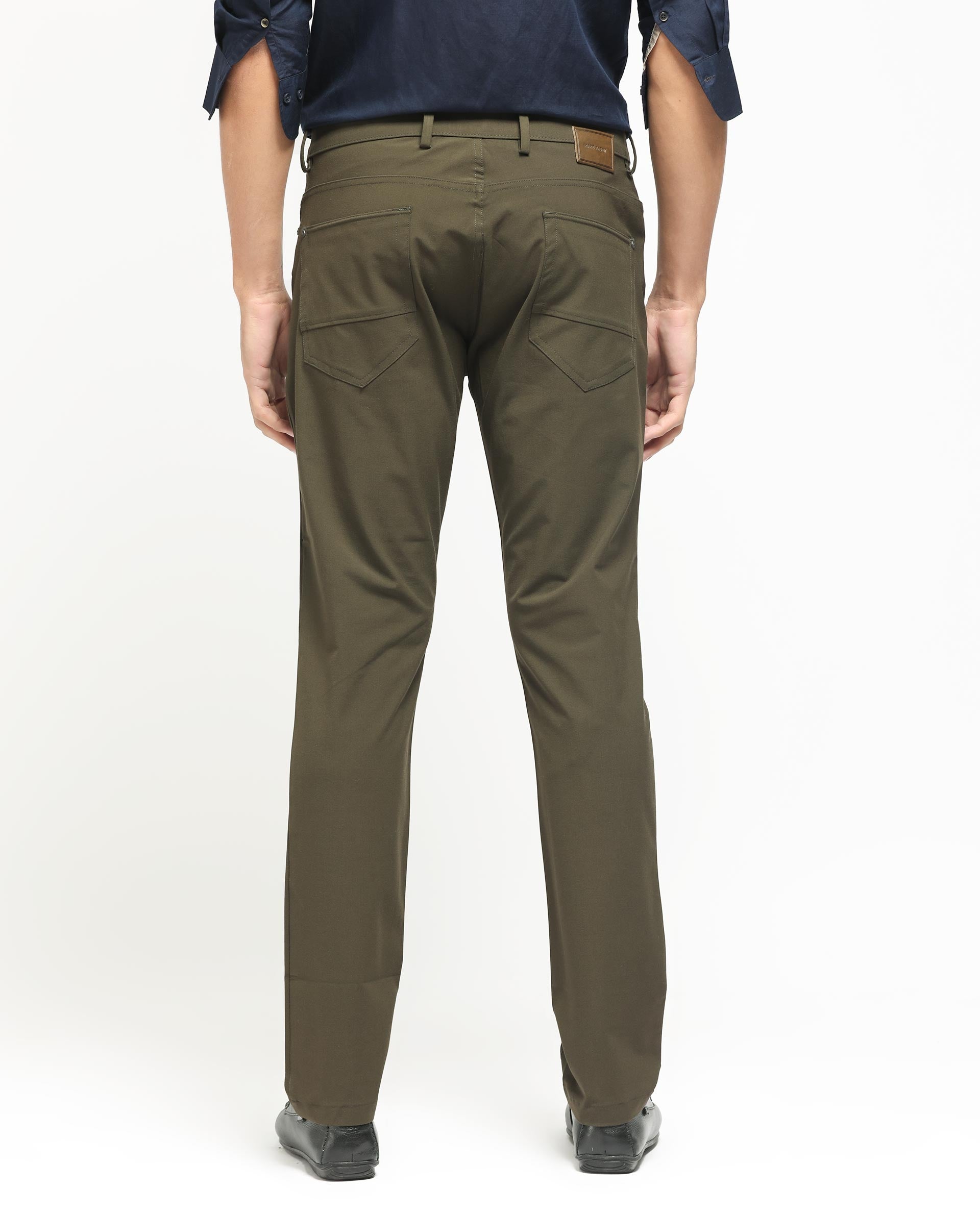 Rare Rabbit Men's Spark Dark Olive Polyester Plain Regular Fit Trouser