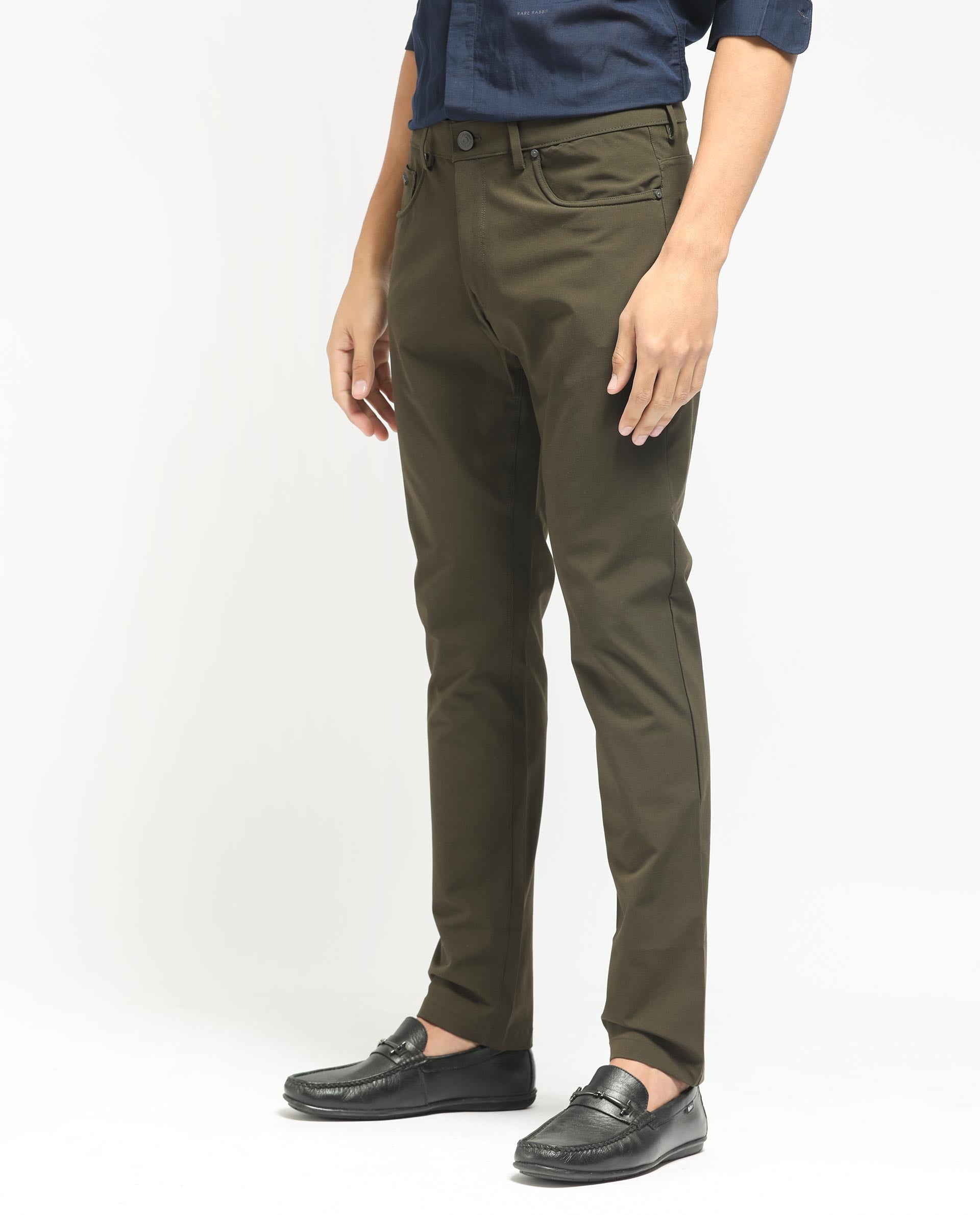 Rare Rabbit Men's Spark Dark Olive Polyester Plain Regular Fit Trouser