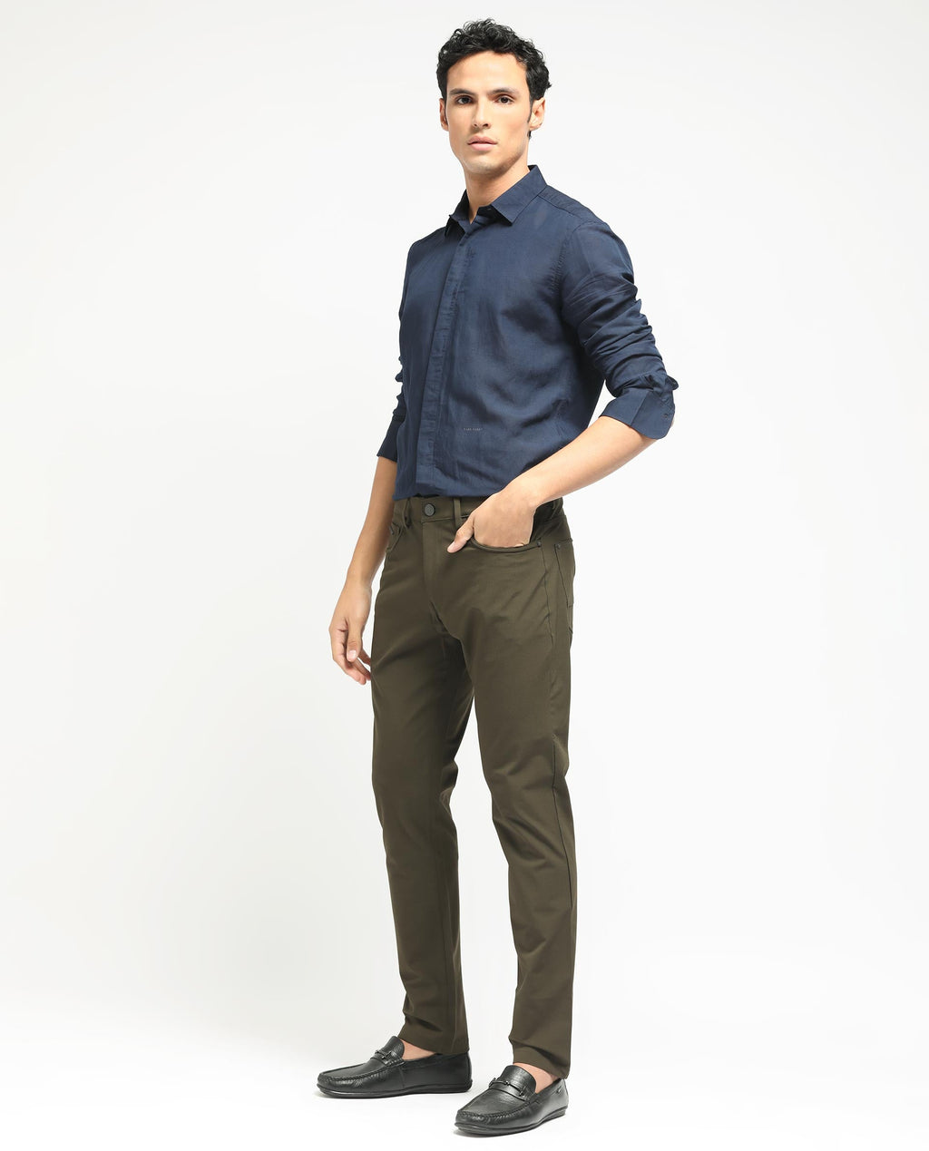 Rare Rabbit Men's Spark Dark Olive Polyester Plain Regular Fit Trouser