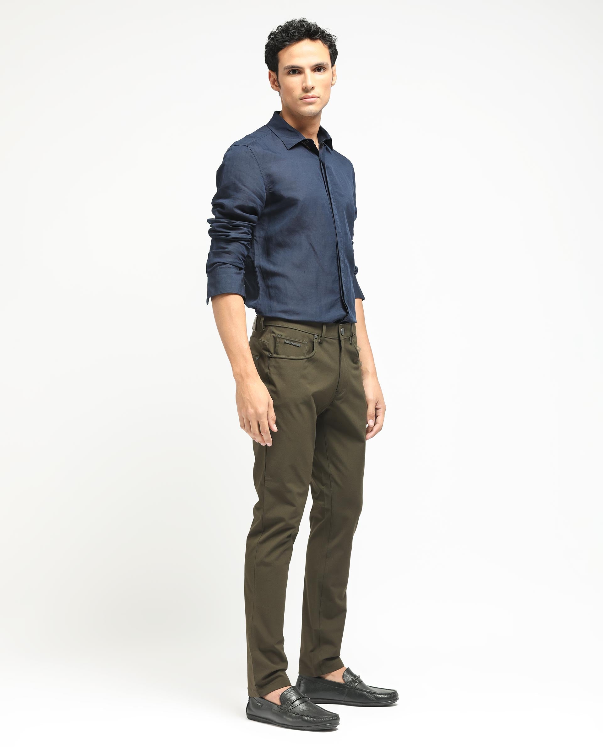 Rare Rabbit Men's Spark Dark Olive Polyester Plain Regular Fit Trouser