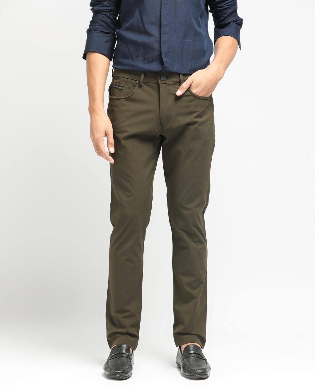 Rare Rabbit Men's Spark Dark Olive Polyester Plain Regular Fit Trouser