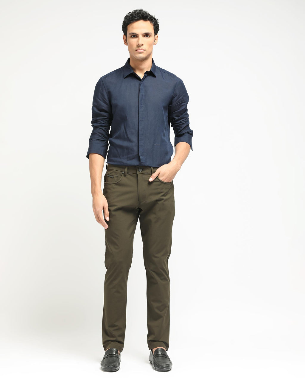 Rare Rabbit Men's Spark Dark Olive Polyester Plain Regular Fit Trouser