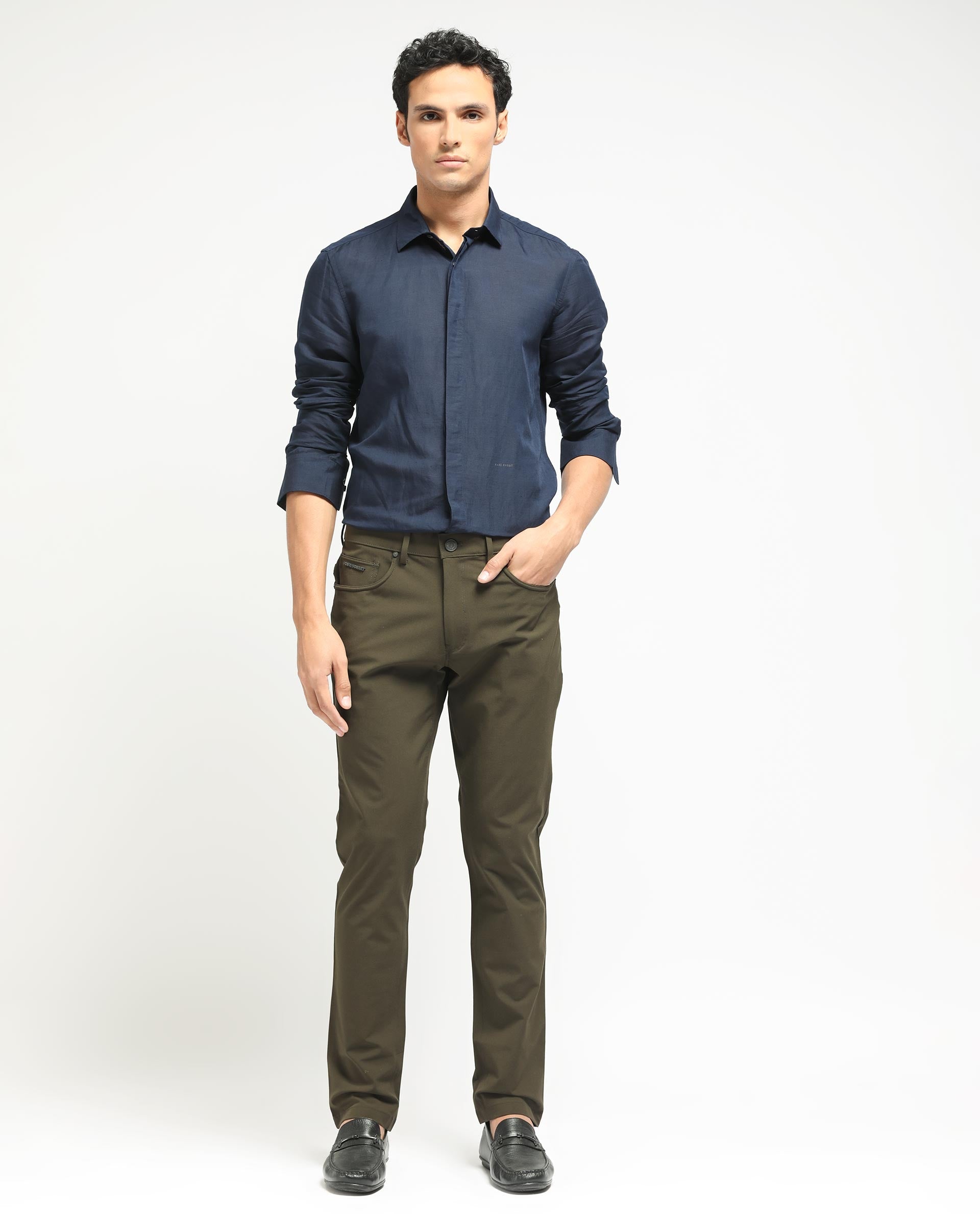 Rare Rabbit Men's Spark Dark Olive Polyester Plain Regular Fit Trouser