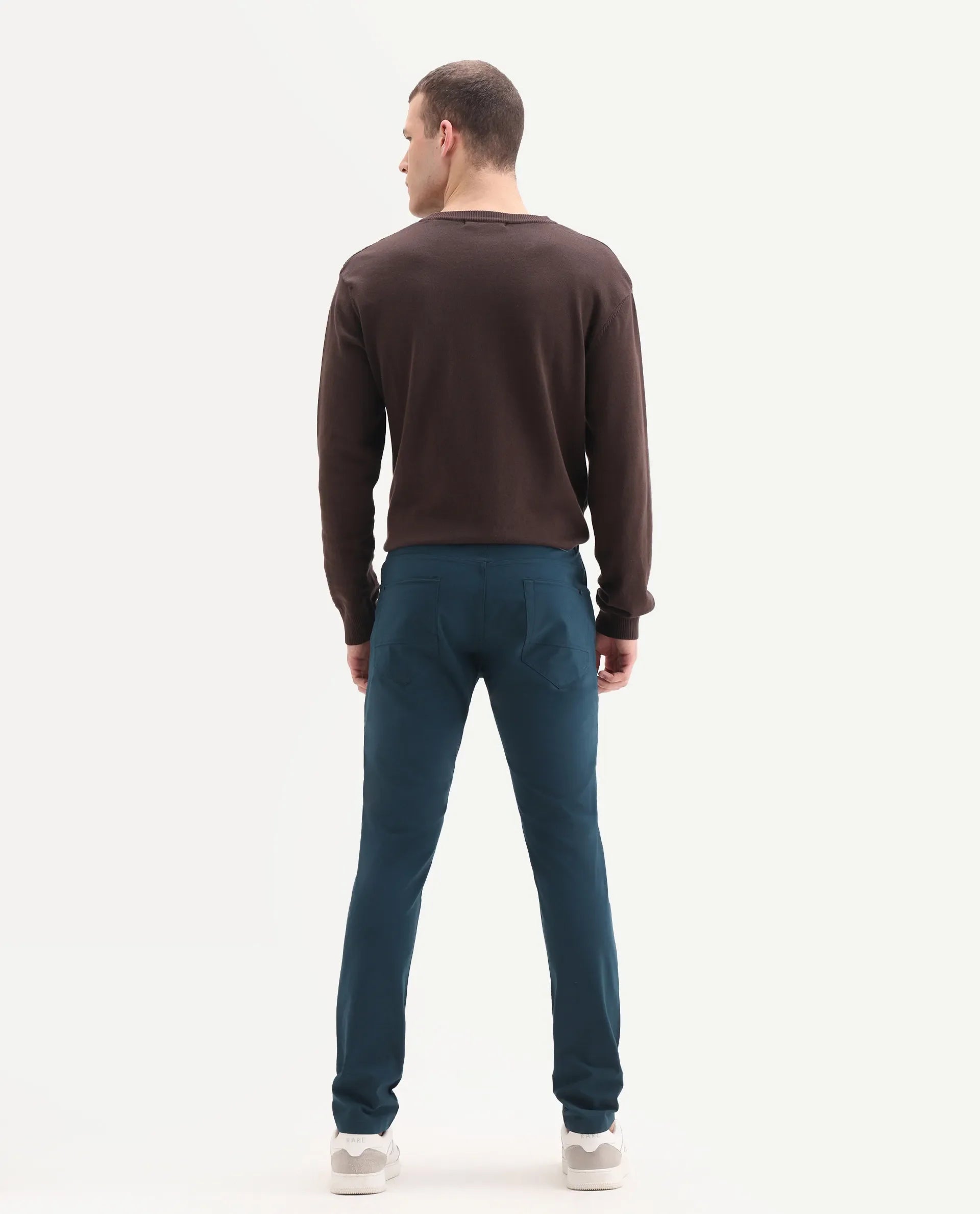 Rare Rabbit Men's Spark Dark Petrol Polyester Plain Regular Fit Trouser