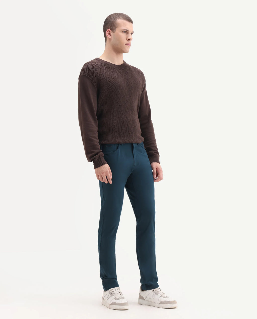 Rare Rabbit Men's Spark Dark Petrol Polyester Plain Regular Fit Trouser