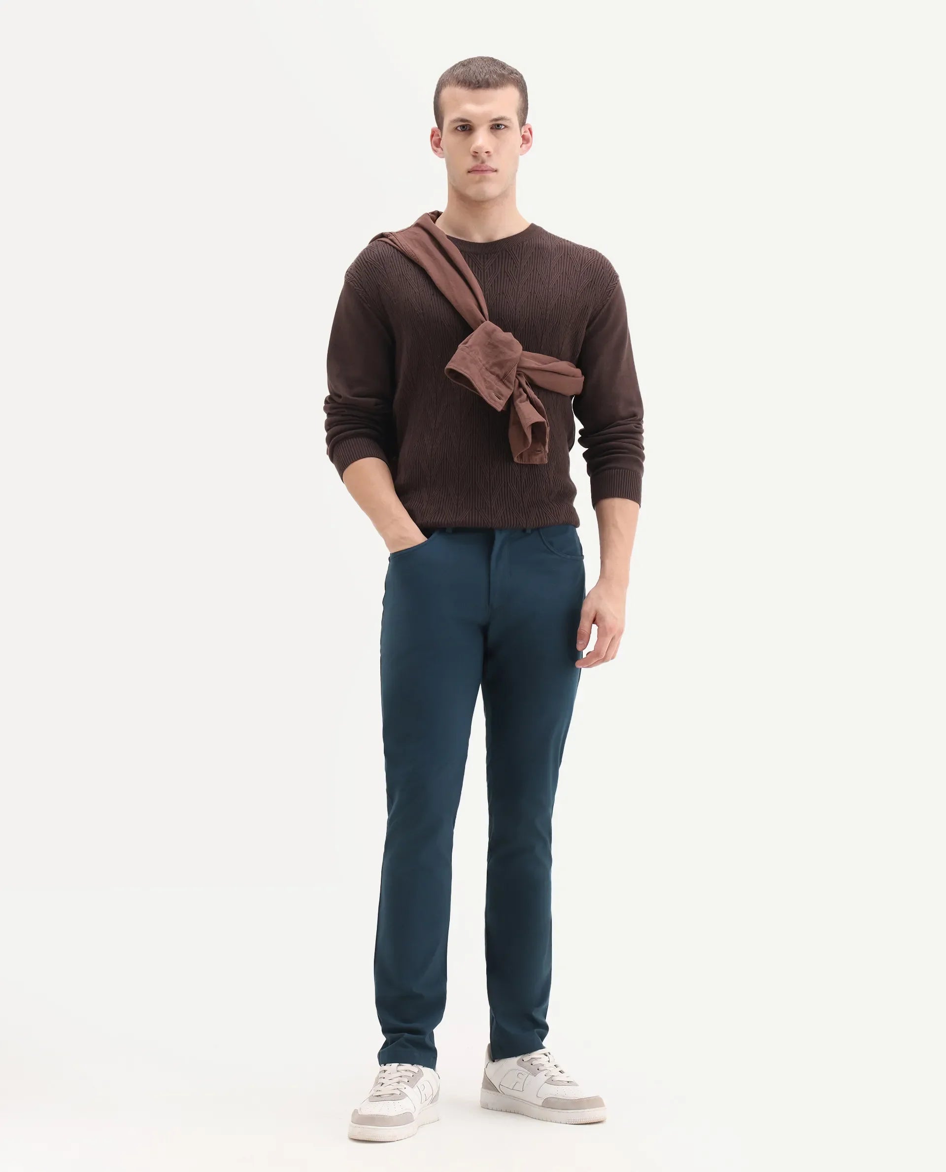 Rare Rabbit Men's Spark Dark Petrol Polyester Plain Regular Fit Trouser