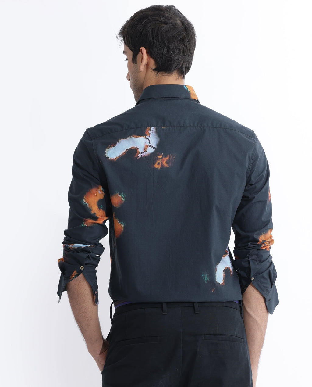 Rare Rabbit Men's Spillerr Navy Cotton Abstract Print Regular Fit Full Sleeve Collared Shirt