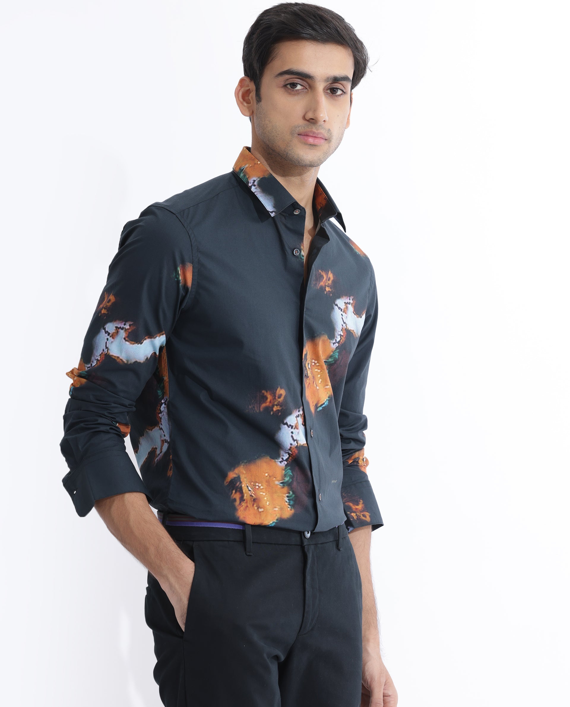 Rare Rabbit Men's Spillerr Navy Cotton Abstract Print Regular Fit Full Sleeve Collared Shirt