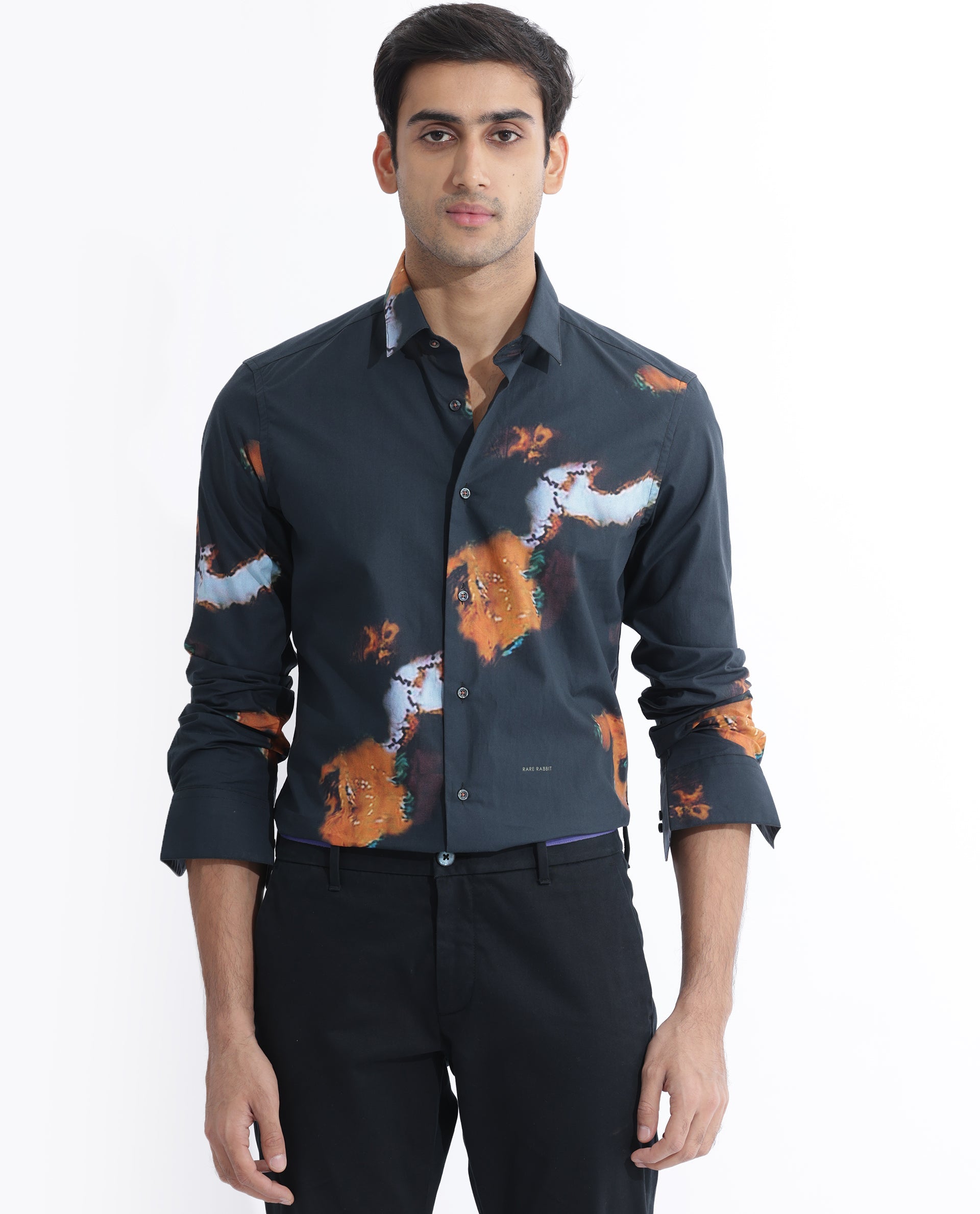 Rare Rabbit Men's Spillerr Navy Cotton Abstract Print Regular Fit Full Sleeve Collared Shirt