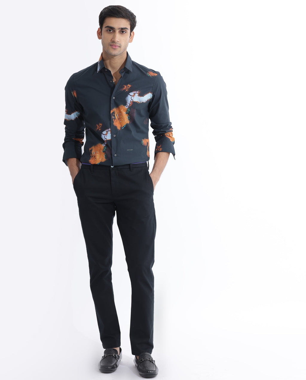 Rare Rabbit Men's Spillerr Navy Cotton Abstract Print Regular Fit Full Sleeve Collared Shirt