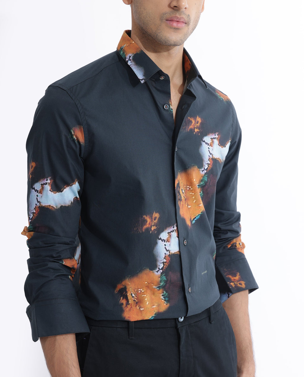 Rare Rabbit Men's Spillerr Navy Cotton Abstract Print Regular Fit Full Sleeve Collared Shirt