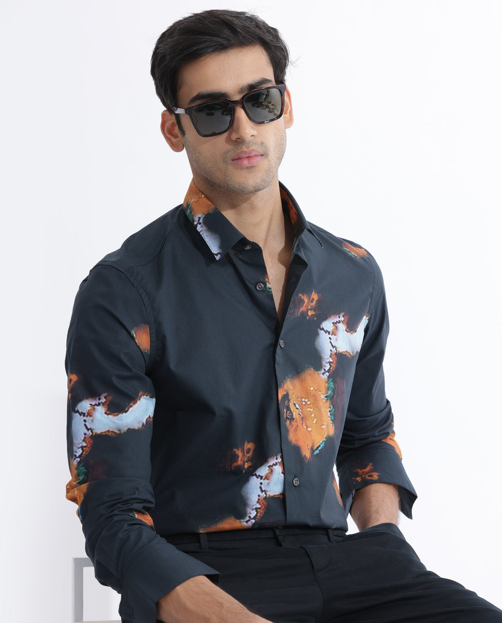 Rare Rabbit Men's Spillerr Navy Cotton Abstract Print Regular Fit Full Sleeve Collared Shirt