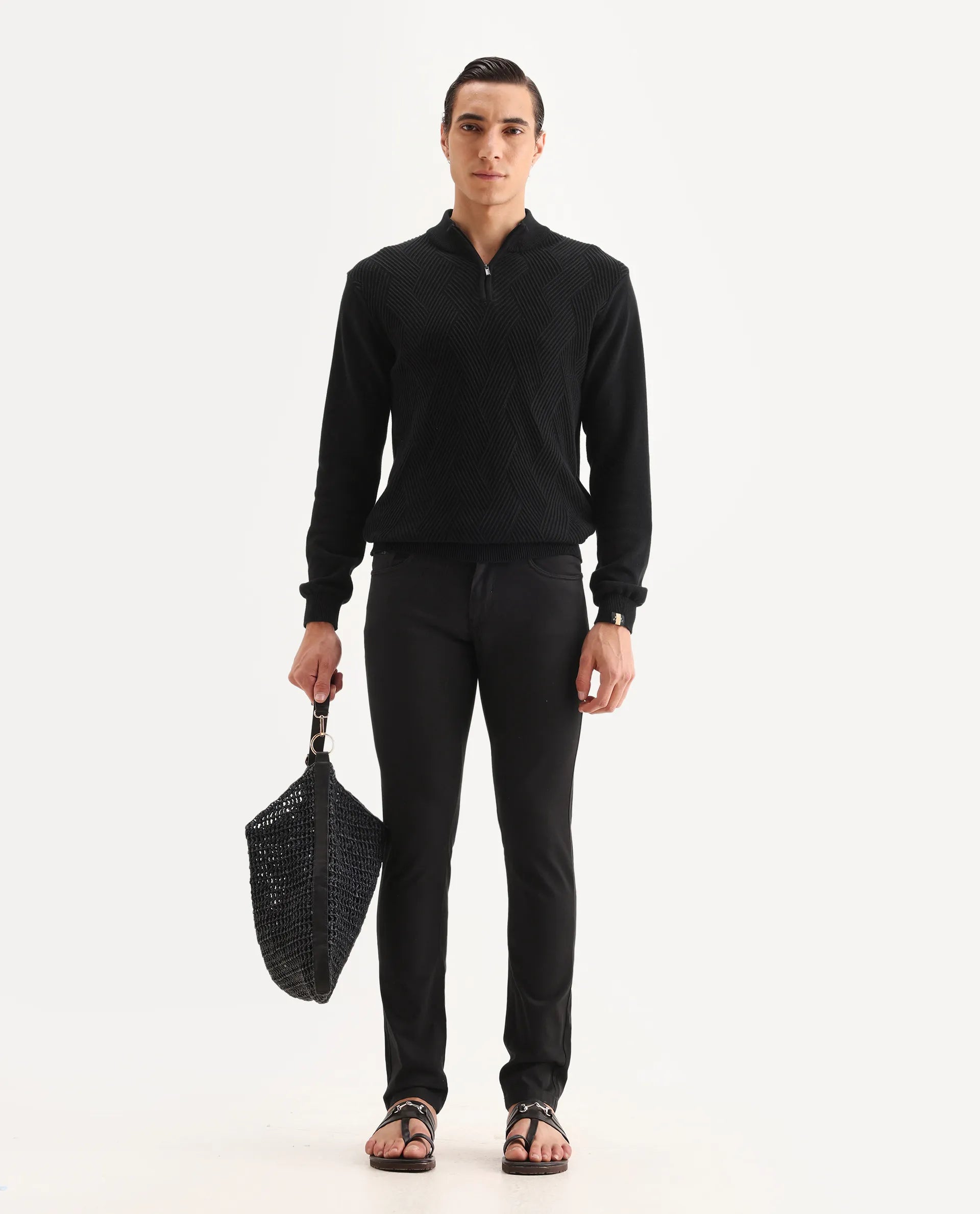 Rare Rabbit Men's Spoke-22 Black Cotton Plain Regular Fit Trouser