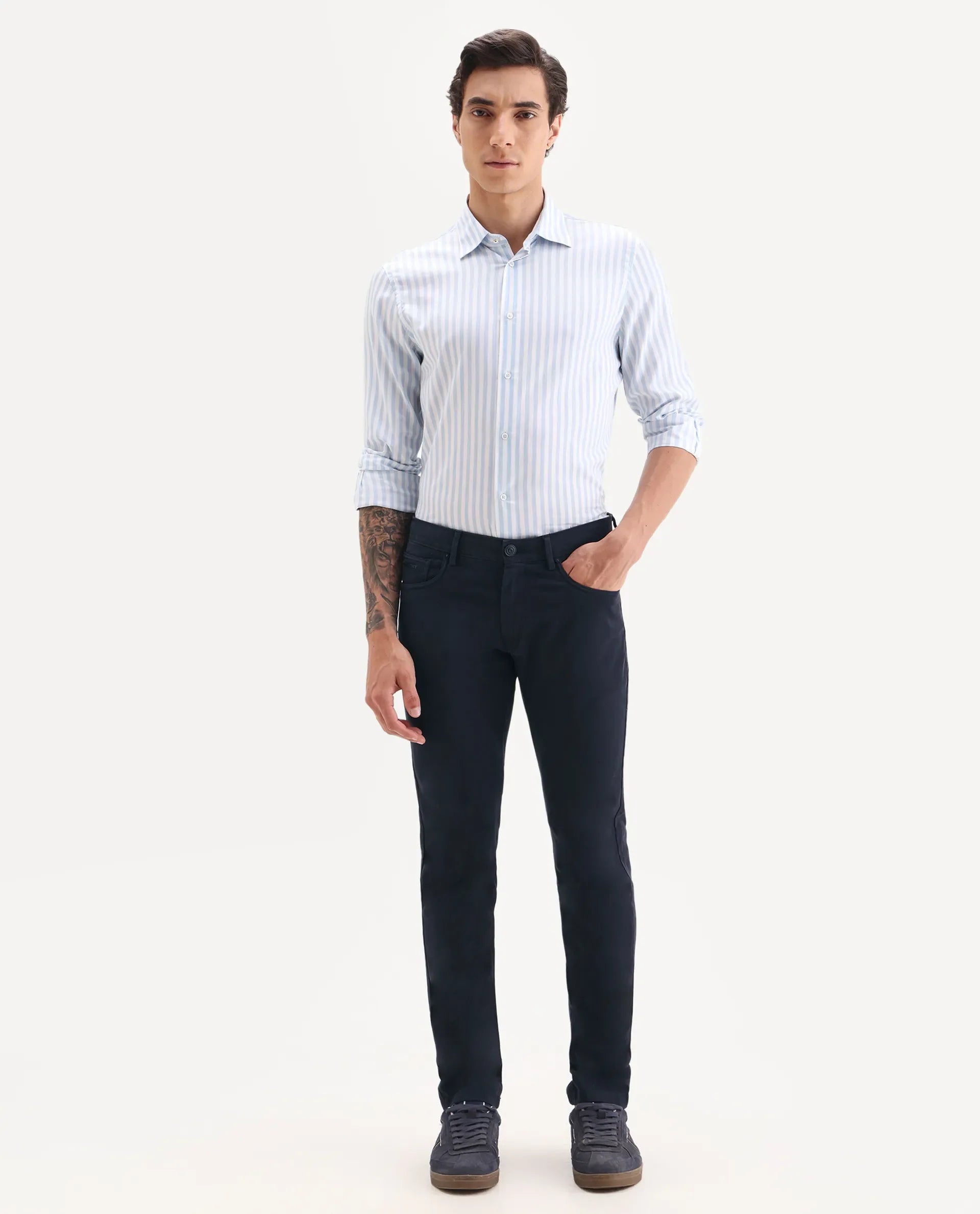 Rare Rabbit Men's Spoke-22 Navy Cotton Plain Regular Fit Trouser