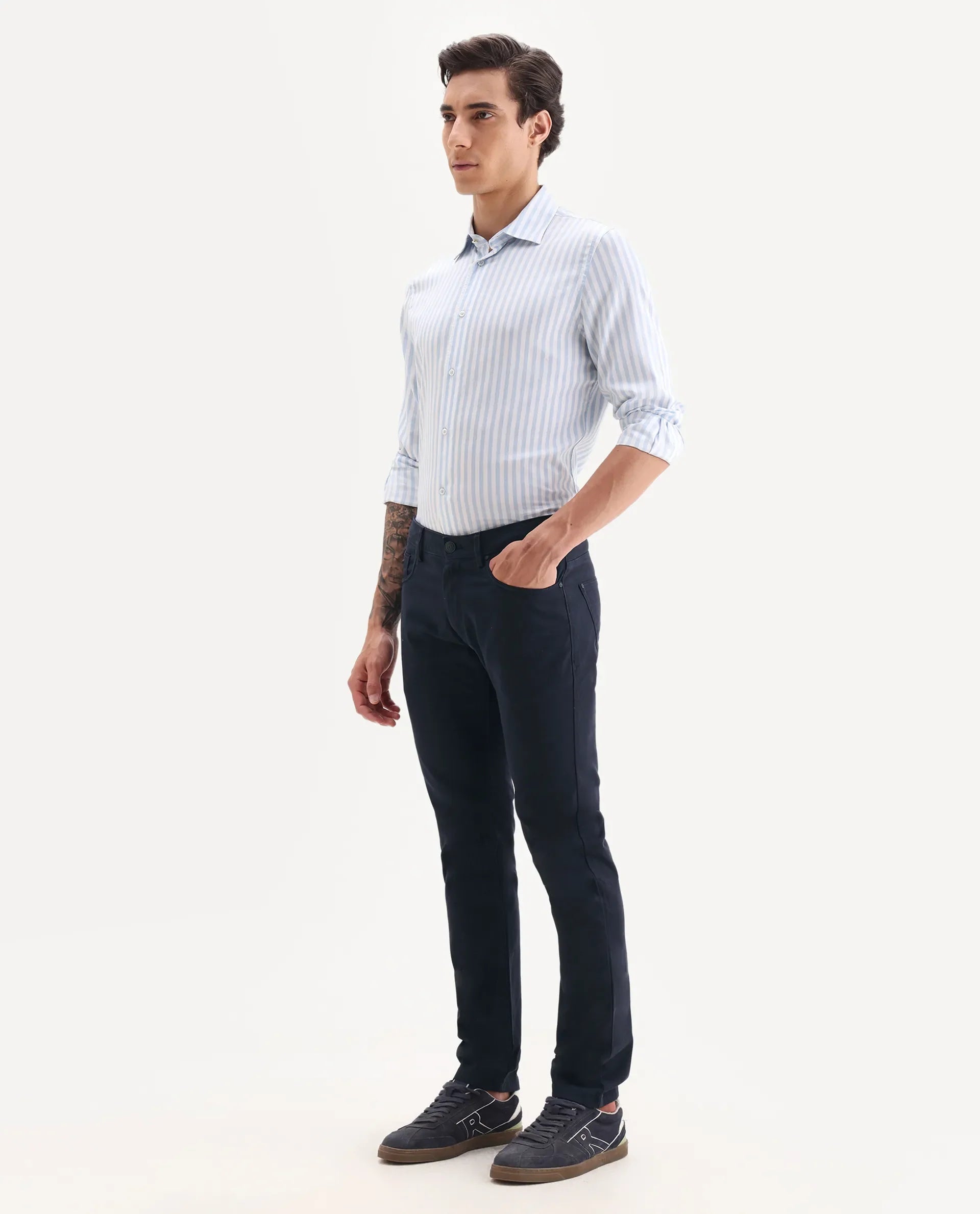 Rare Rabbit Men's Spoke-22 Navy Cotton Plain Regular Fit Trouser