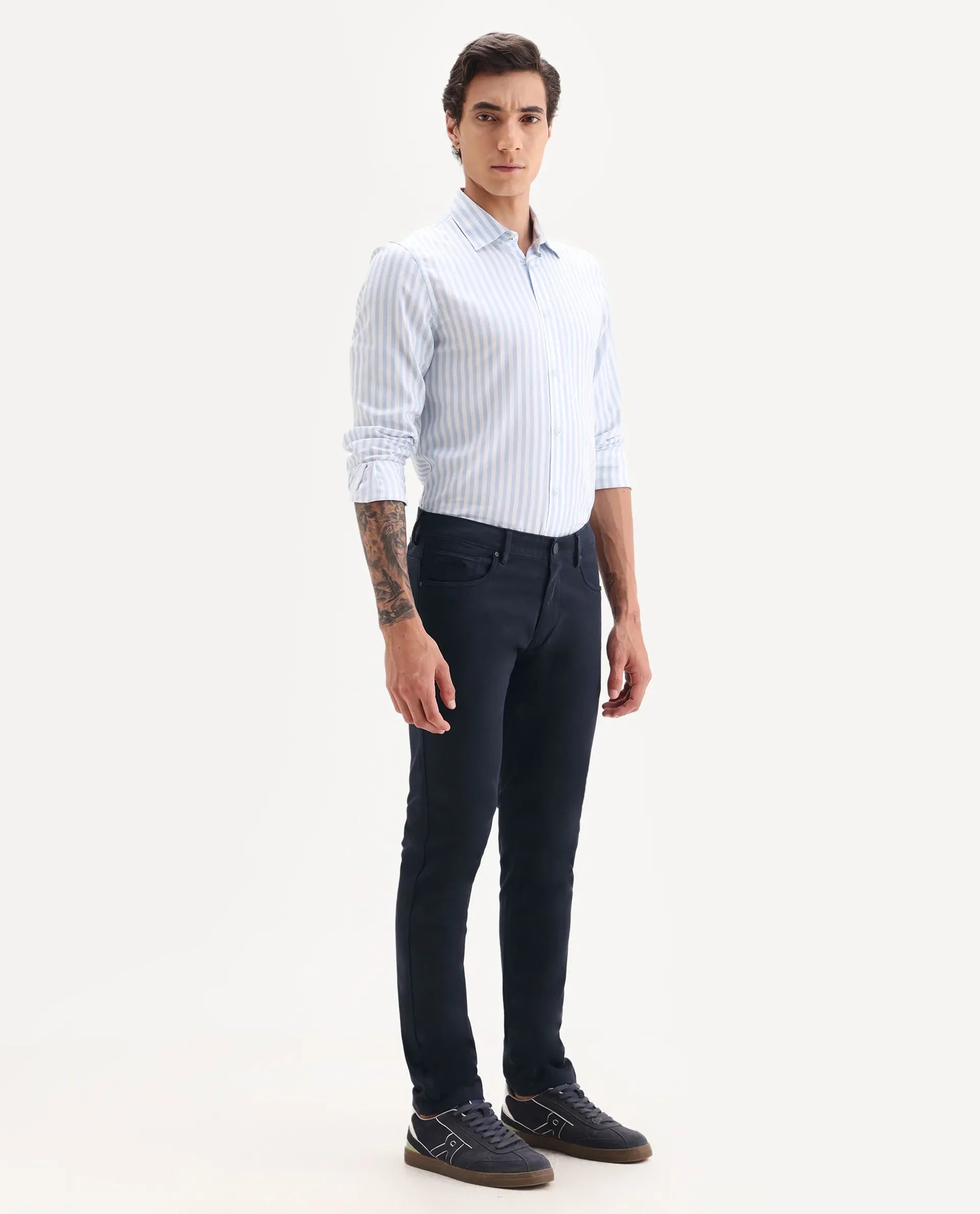 Rare Rabbit Men's Spoke-22 Navy Cotton Plain Regular Fit Trouser