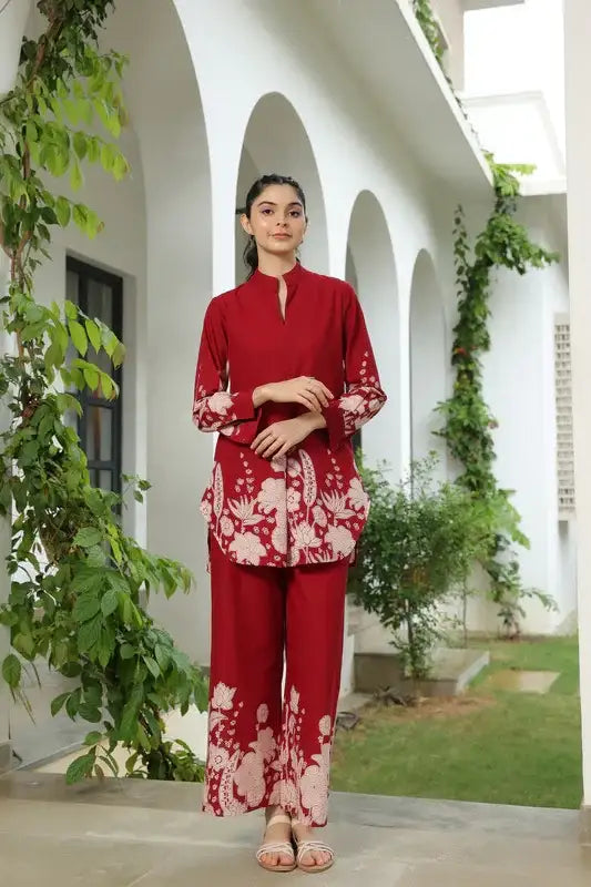 Forest Enchanment Maroon Printed Cotton Co-ord Set