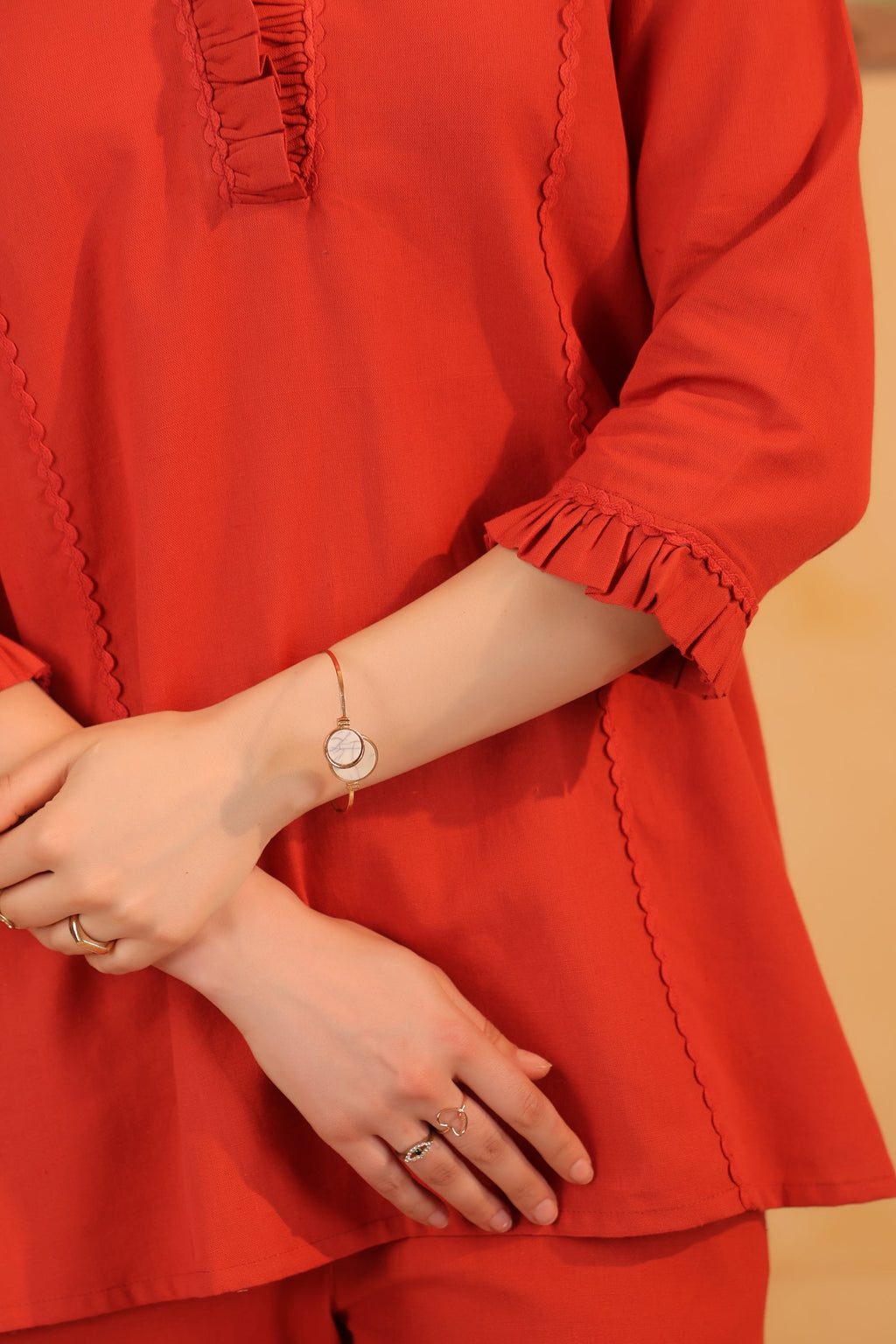 Rust Orange V-Neck Ruffle Style Detail Solid Cotton Flex Relaxed Fit Two-Piece Co-ord Set