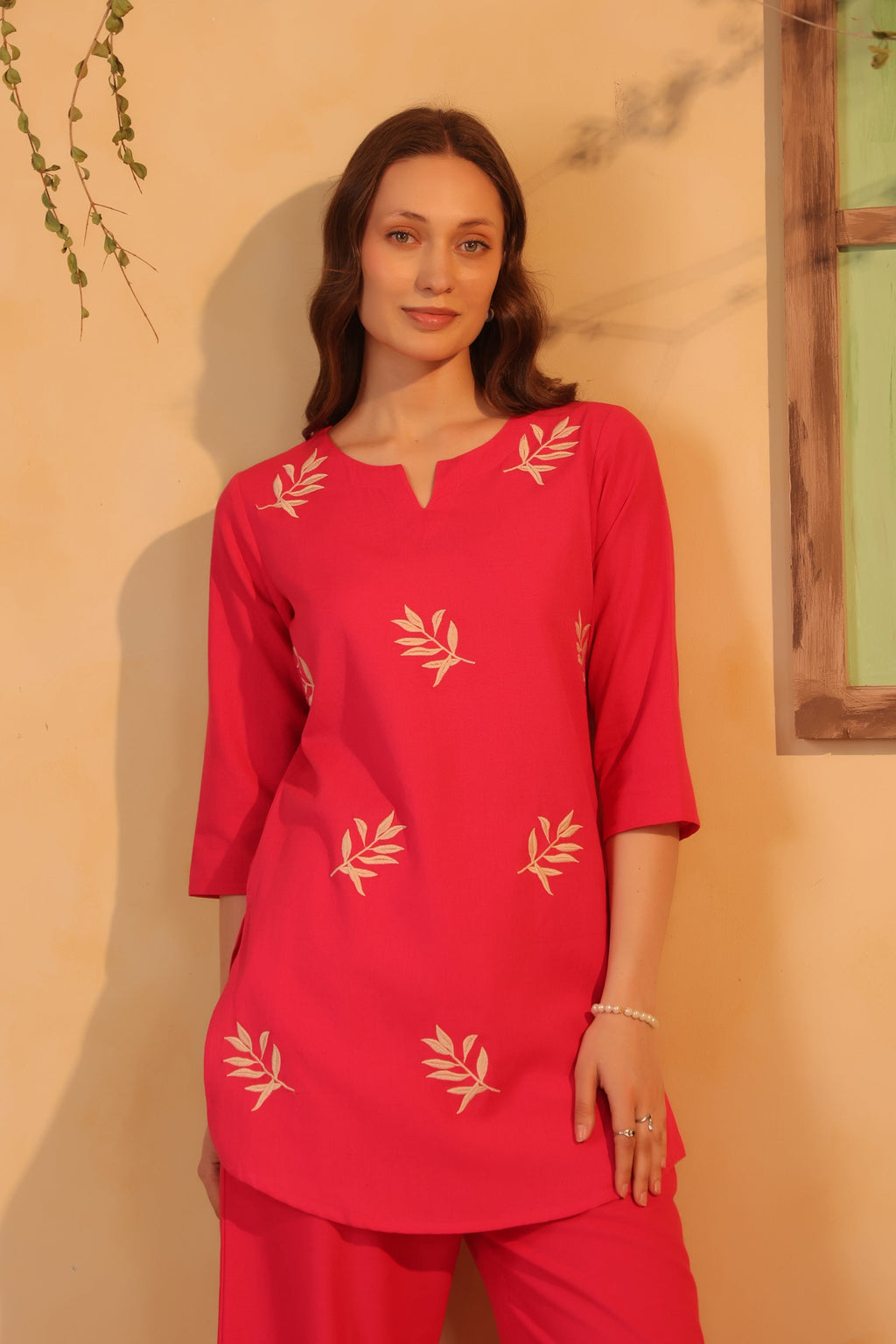 Pink Traditional Gold Leaf Motif Embroidered Cotton Flex Two Piece Co-ord Set