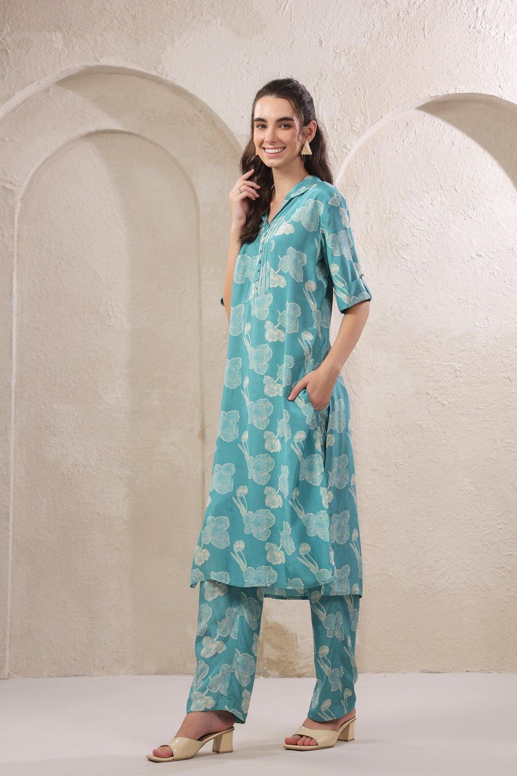 Frosted Petals Blue Russian Silk Co-ord Set