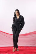 Black Solid Ruched Front Knot Detail Co-ord Set