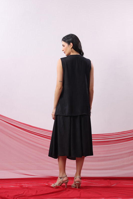 Black Straight Fit Sleeveless Casual Russian Silk Co-ord Set