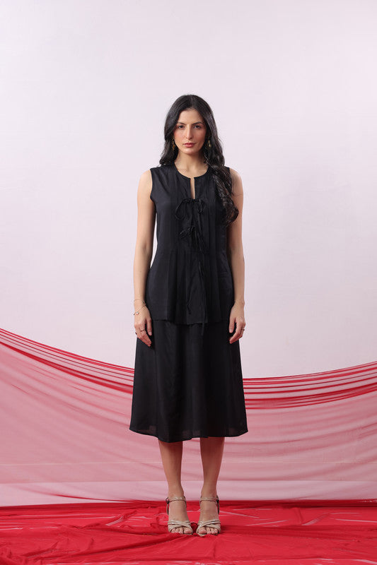 Black Straight Fit Sleeveless Casual Russian Silk Co-ord Set